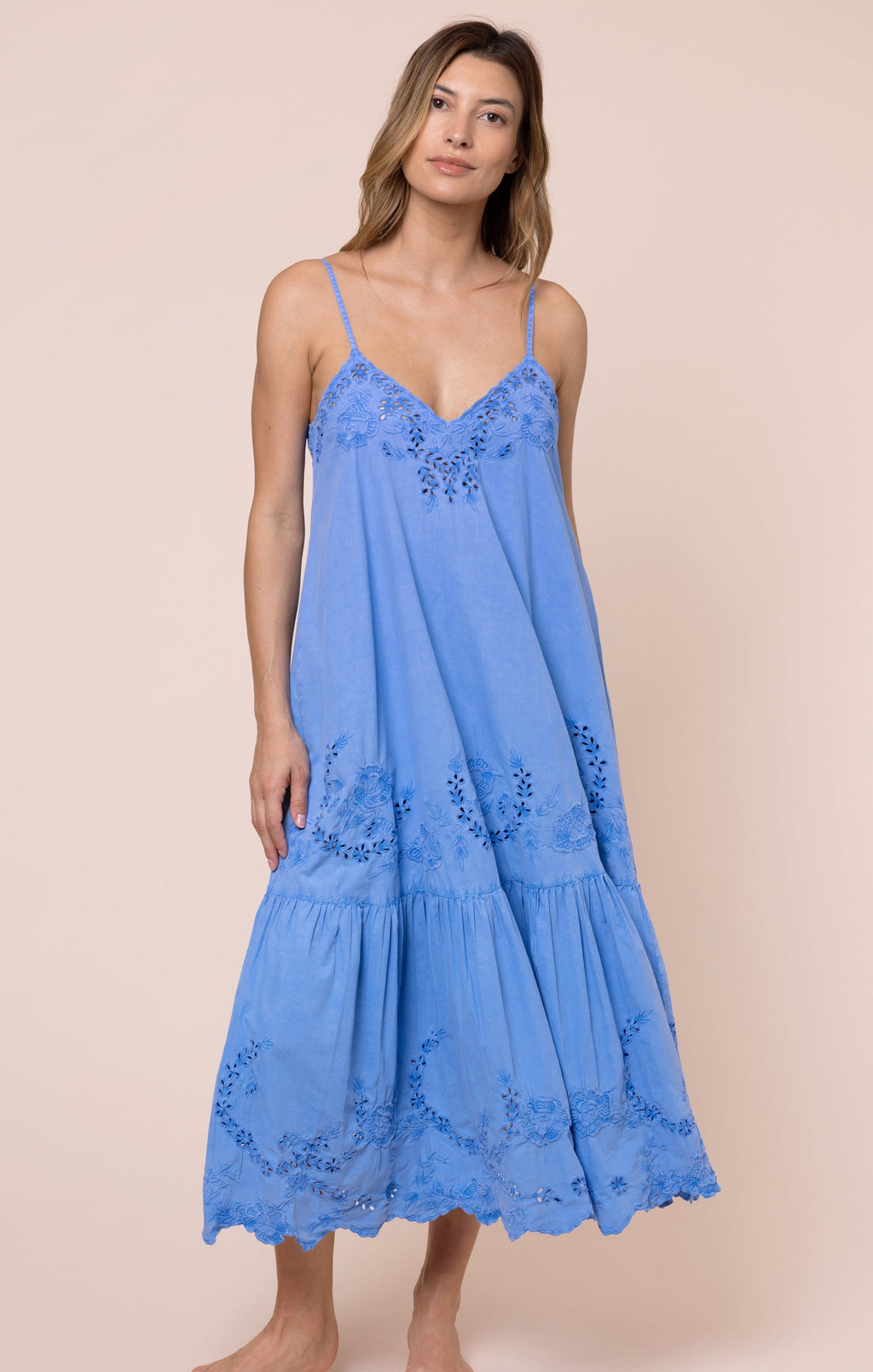Ocean Blue V Neck Midi Dress with Scallop Embroidery
