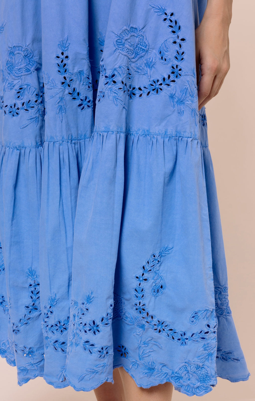 Ocean Blue V Neck Midi Dress with Scallop Embroidery
