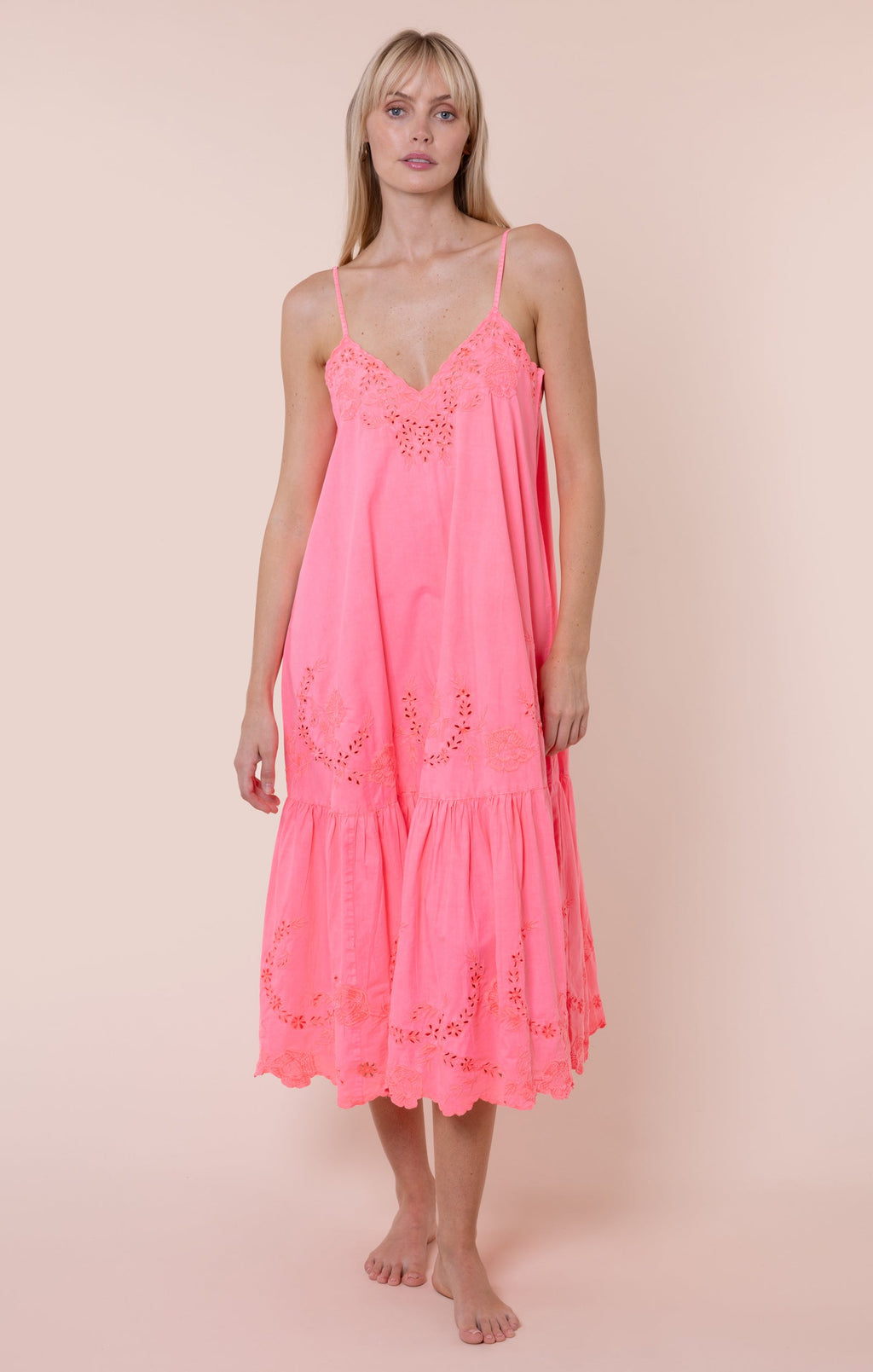 Watermelon V Neck Midi Dress with Scallop Embroidery