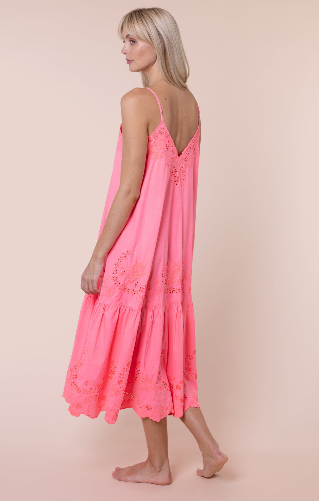 Watermelon V Neck Midi Dress with Scallop Embroidery