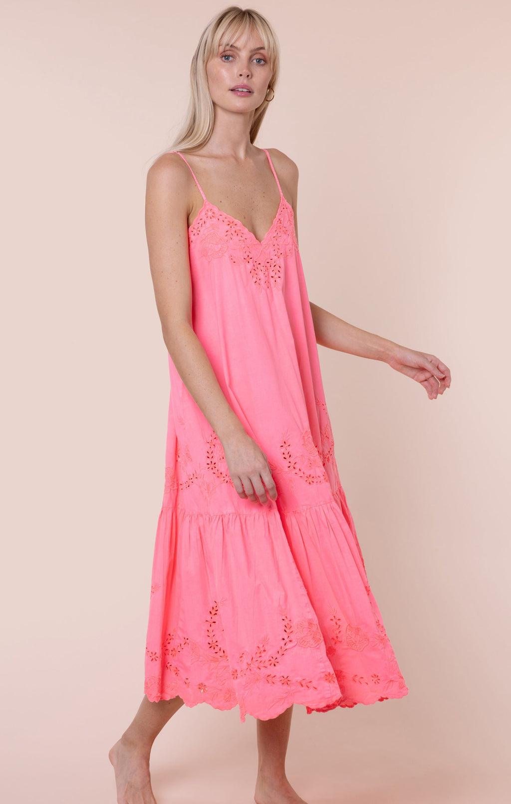 Watermelon V Neck Midi Dress with Scallop Embroidery
