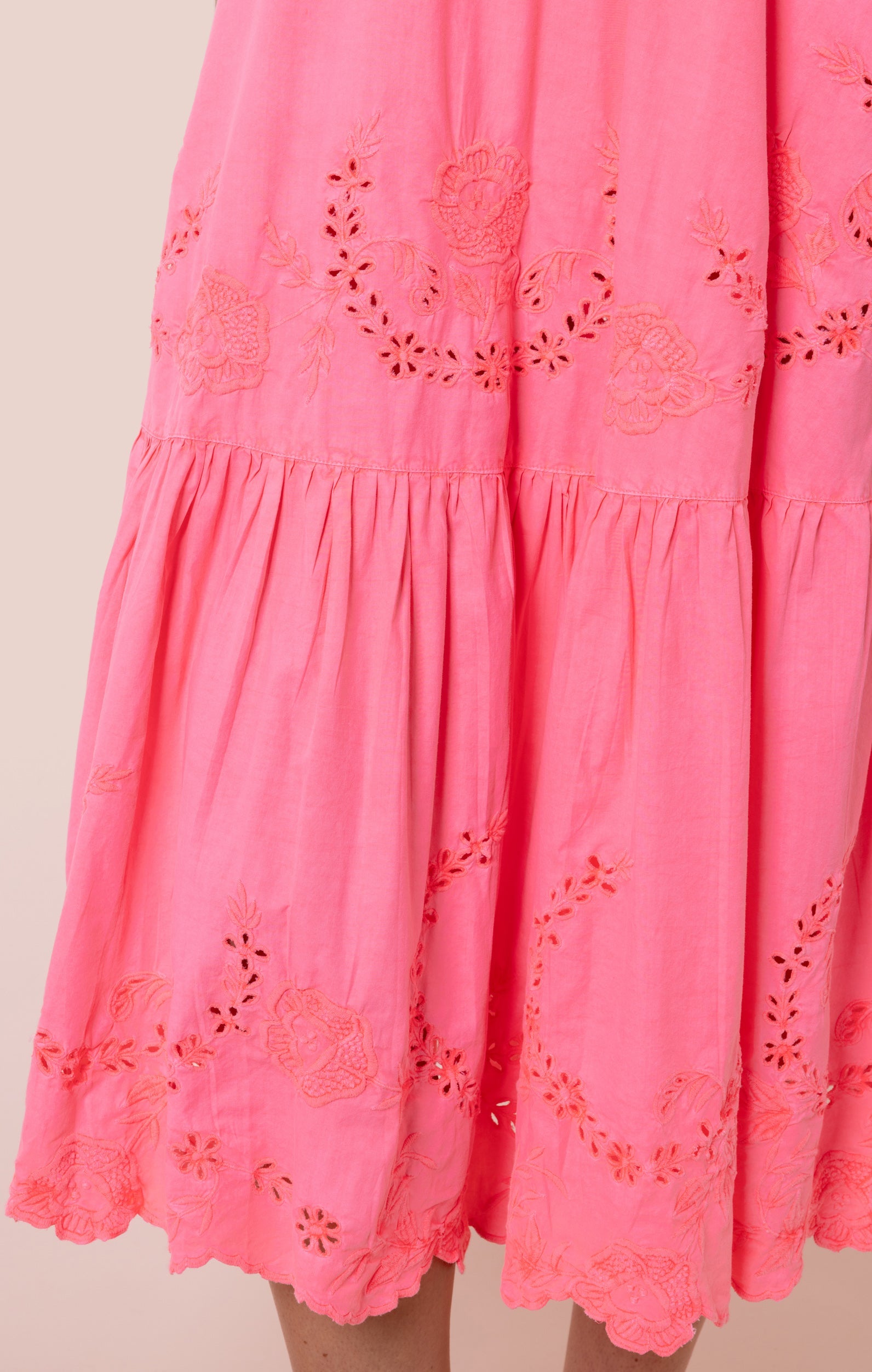 Watermelon V Neck Midi Dress with Scallop Embroidery