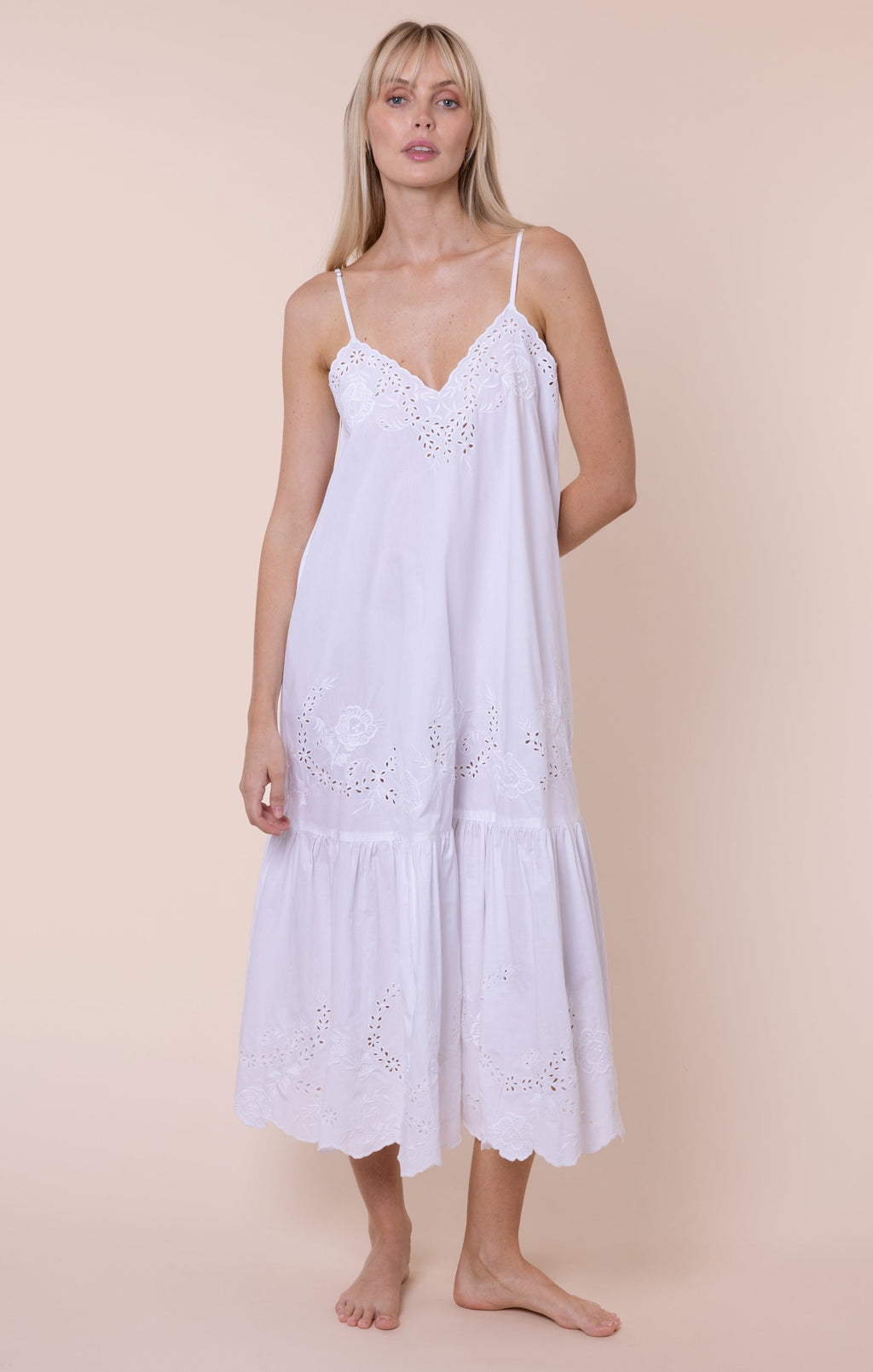 White V Neck Midi Dress with Scallop Embroidery