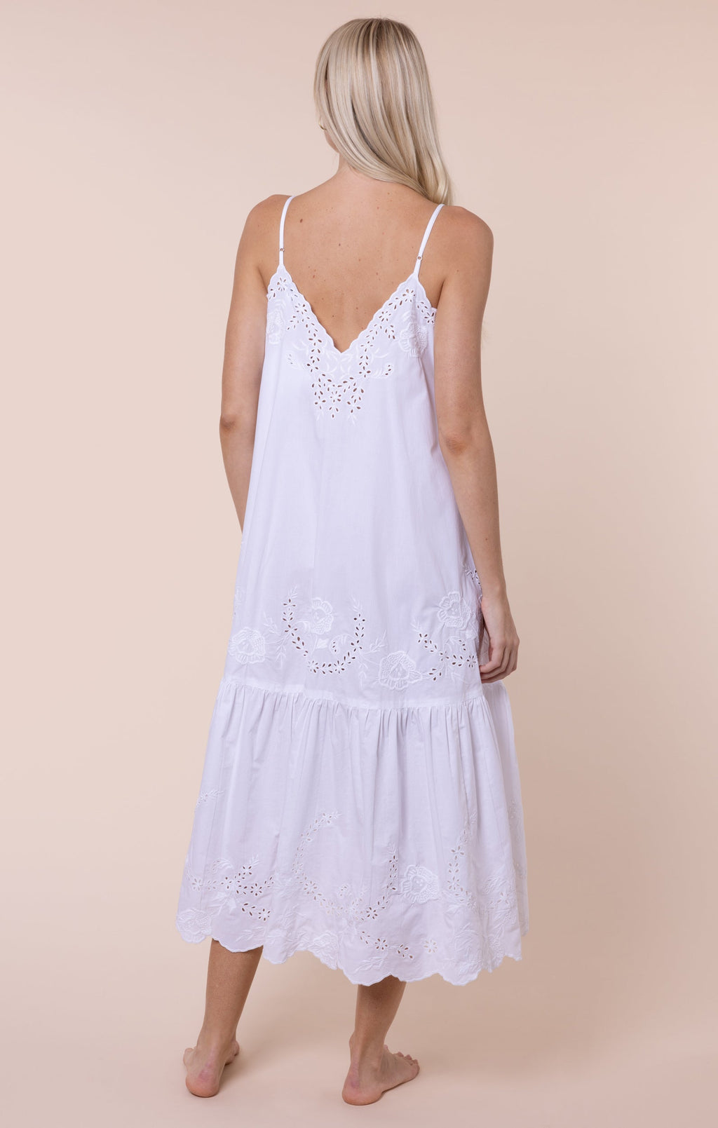 White V Neck Midi Dress with Scallop Embroidery