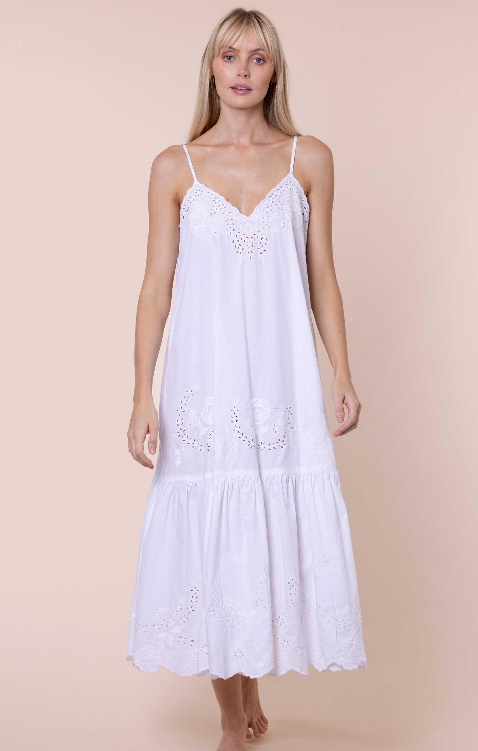 White V Neck Midi Dress with Scallop Embroidery