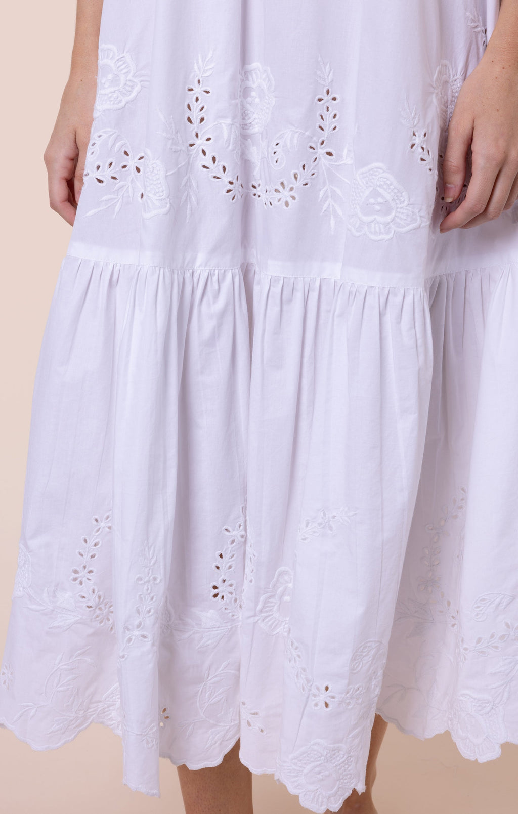White V Neck Midi Dress with Scallop Embroidery