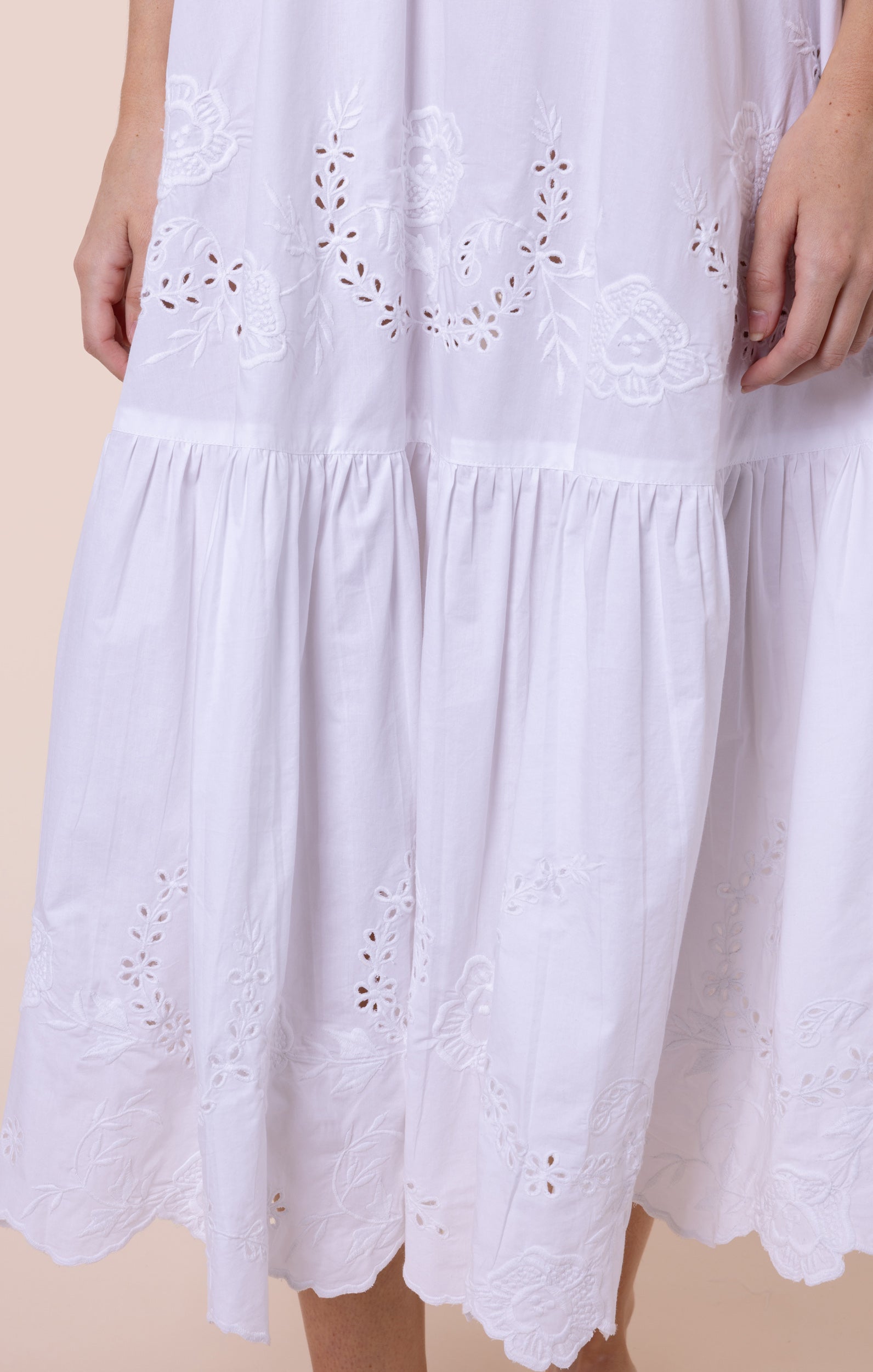 White V Neck Midi Dress with Scallop Embroidery