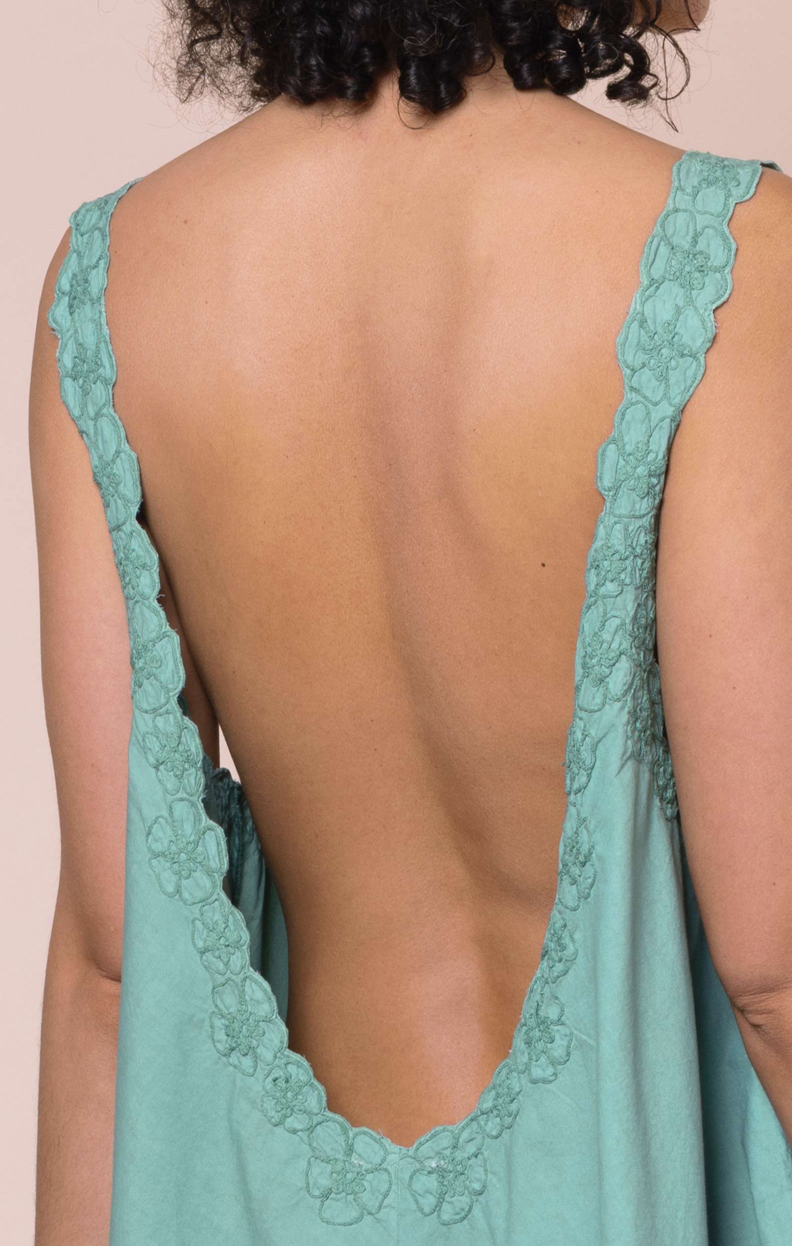 Cactus Low Back Poplin Dress with Floral Cord Embroidery