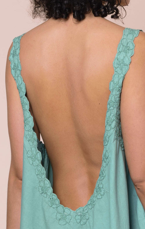 Cactus Low Back Poplin Dress with Floral Cord Embroidery
