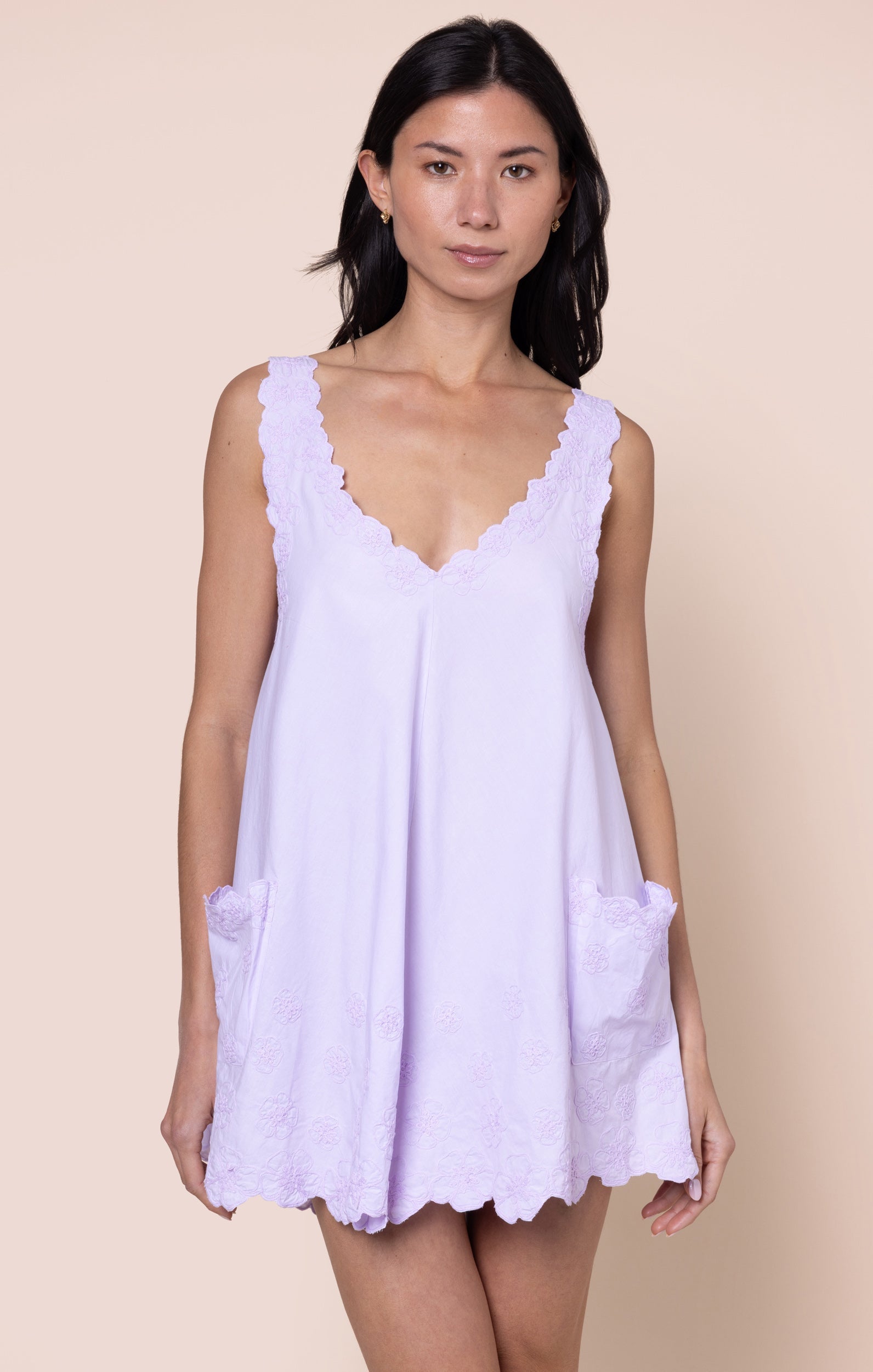 Lilac Poplin Low Back Dress with Floral Cord Embroidery