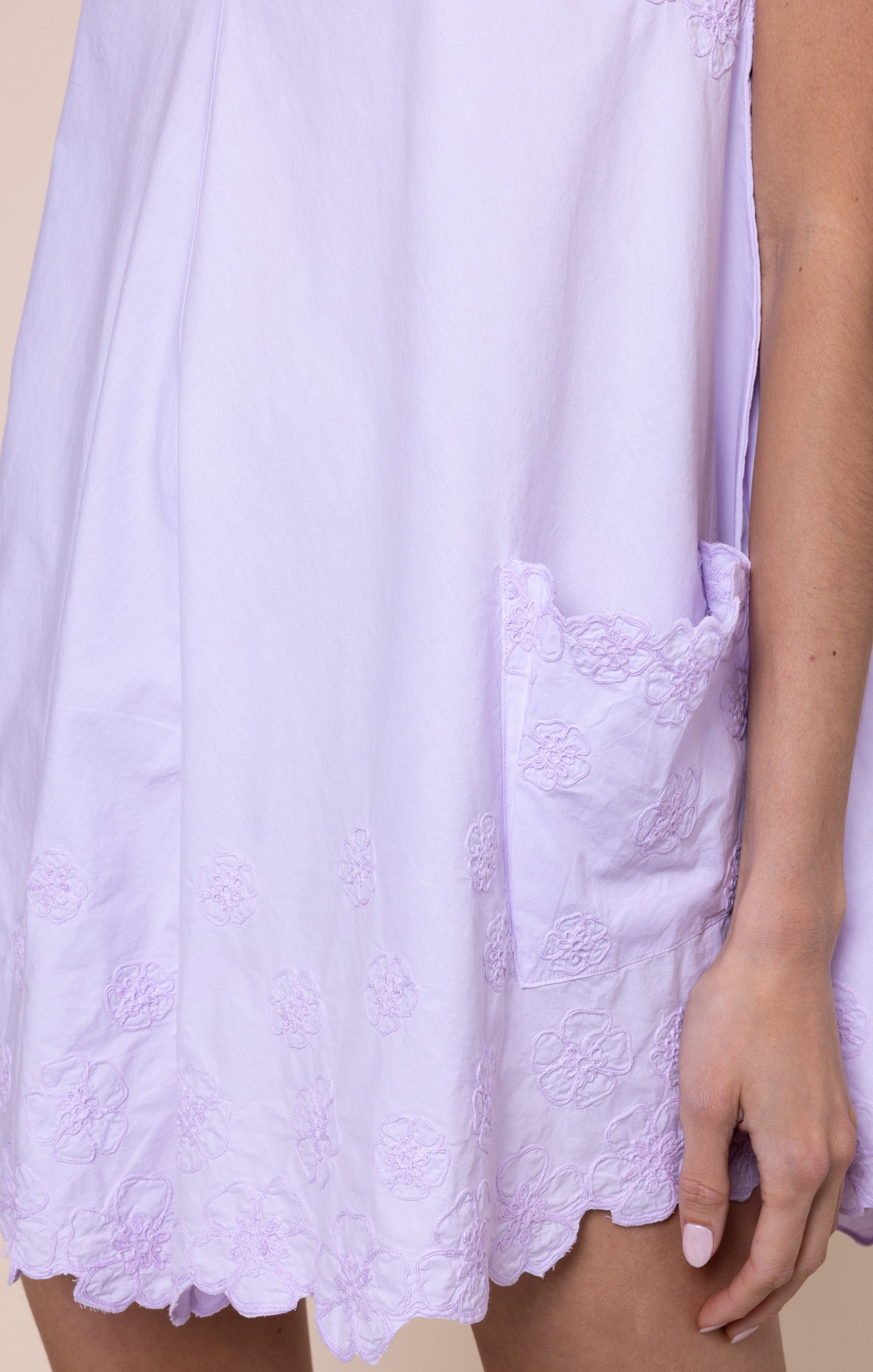Lilac Poplin Low Back Dress with Floral Cord Embroidery