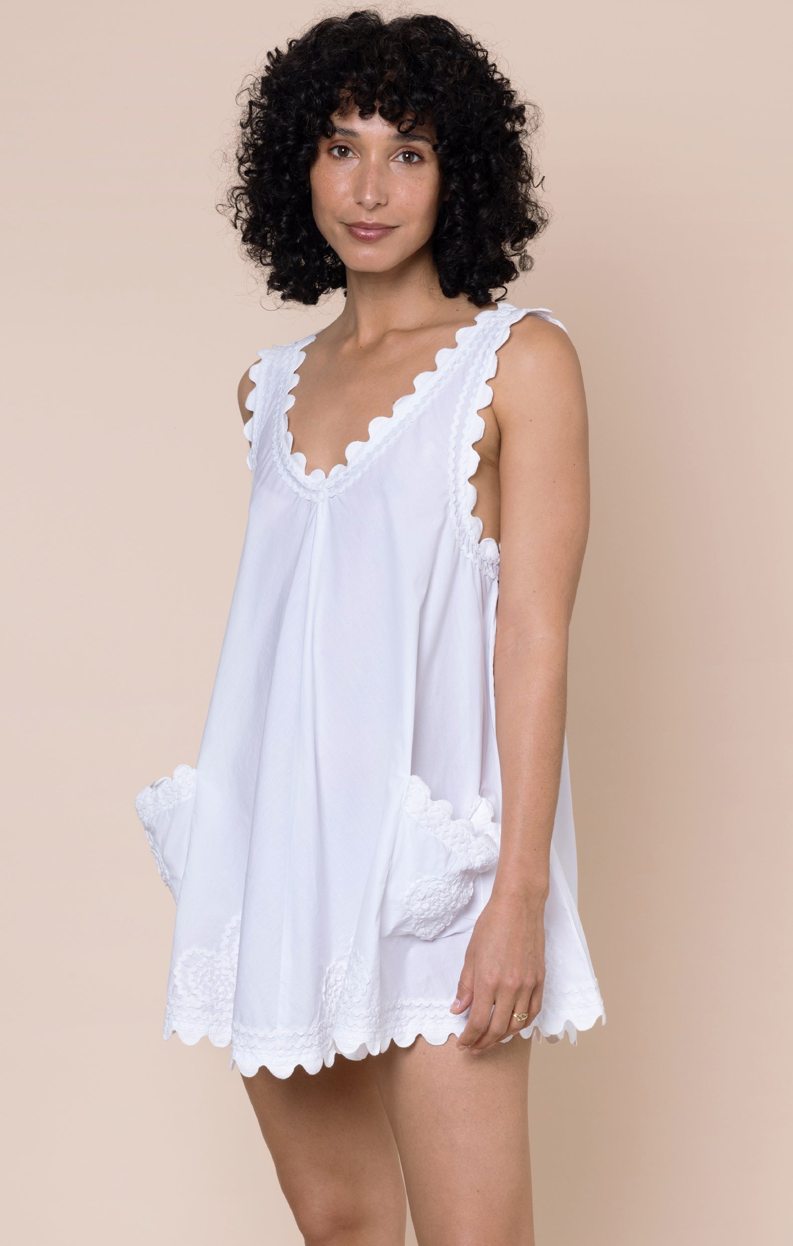White Poplin Low Back Dress with Ric Rac Embroidery