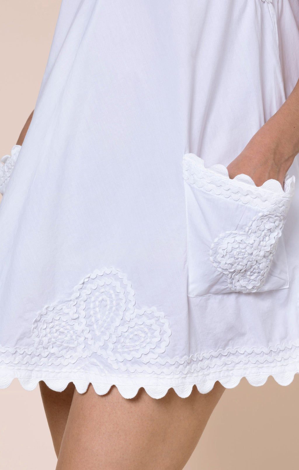 White Poplin Low Back Dress with Ric Rac Embroidery