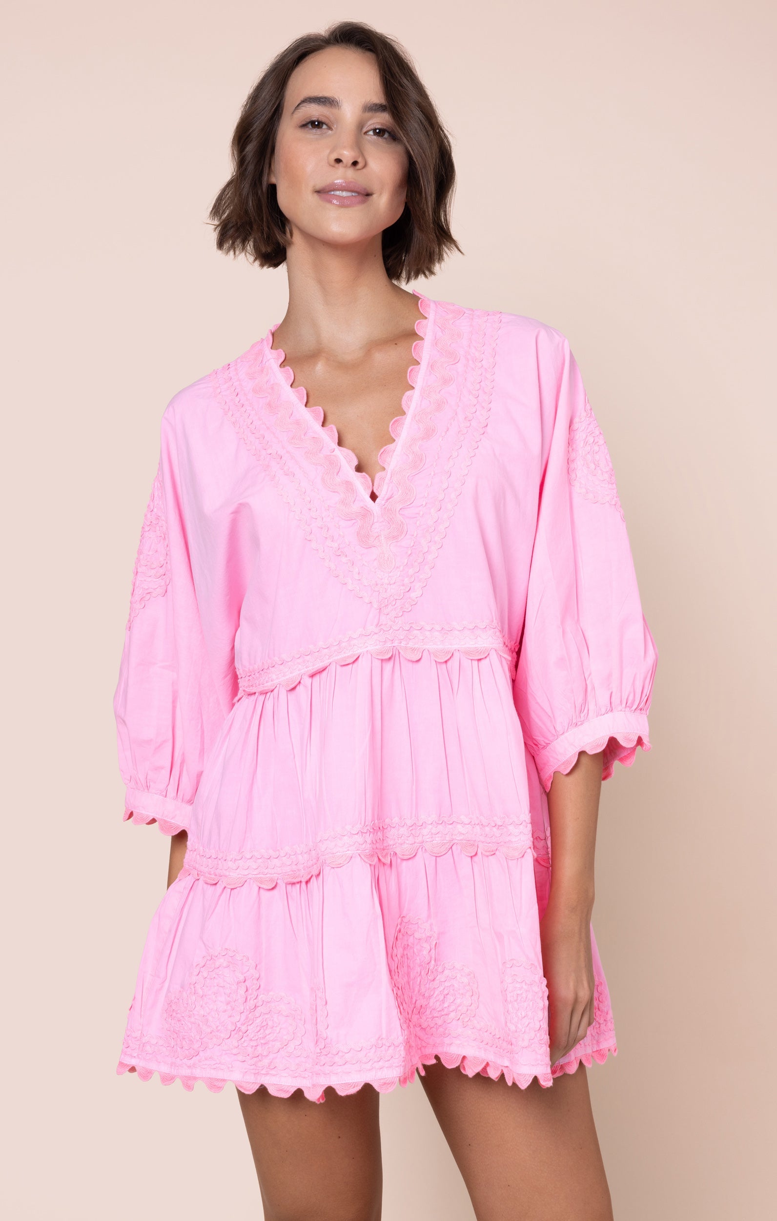 Flamingo Loose Mini Dress in Poplin with Ric Rac Embroidery