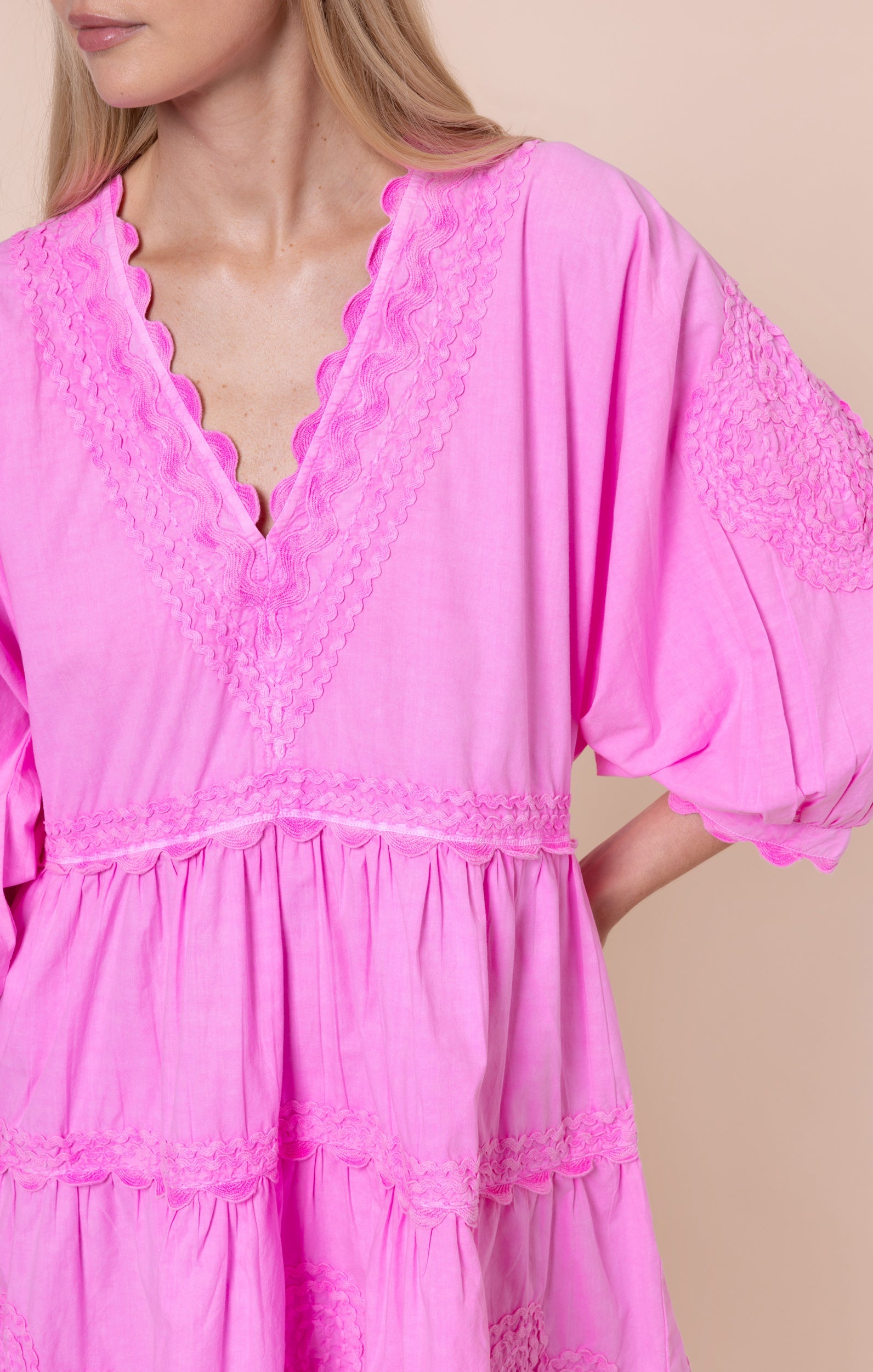 Hibiscus Loose Mini Dress in Poplin with Ric Rac Embroidery