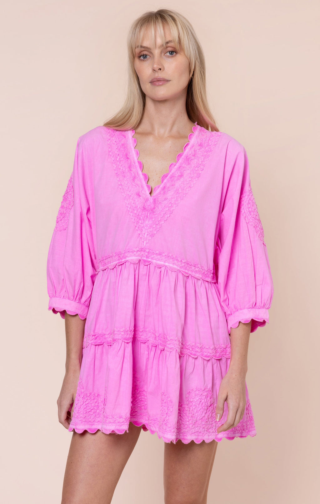 Hibiscus Loose Mini Dress in Poplin with Ric Rac Embroidery