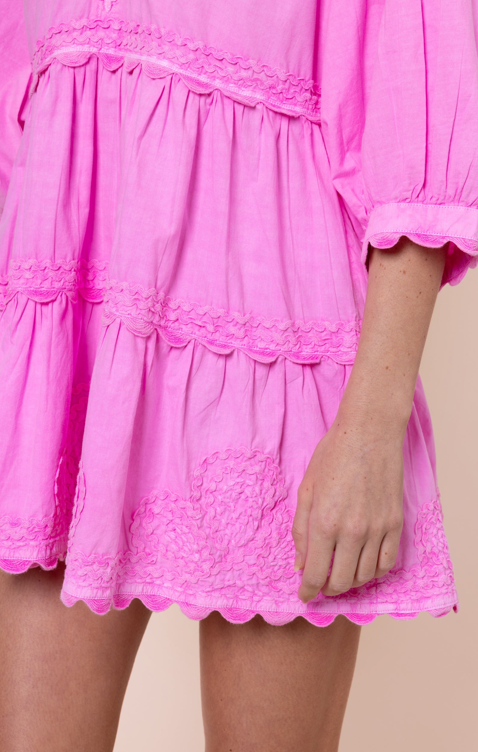 Hibiscus Loose Mini Dress in Poplin with Ric Rac Embroidery