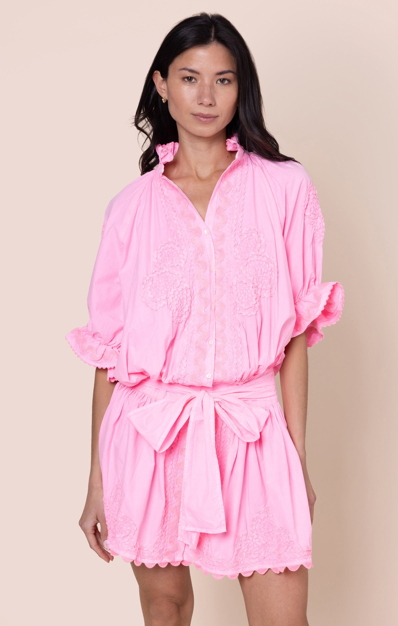 Flamingo Poplin Blouson with Ric Rac Embroidery
