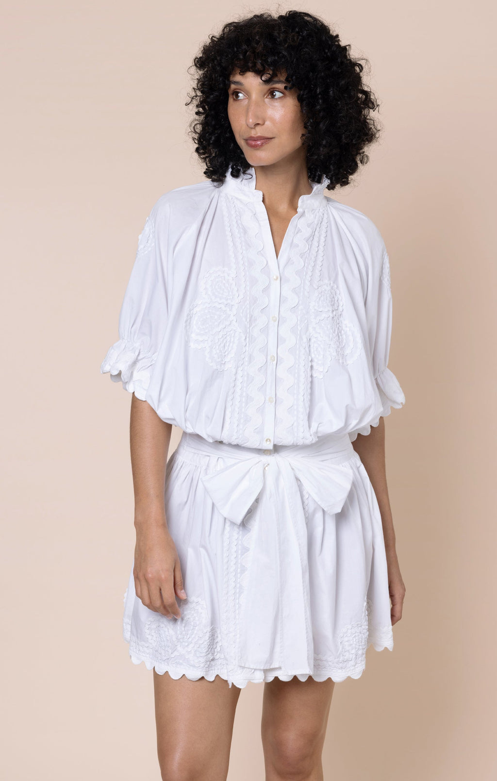 White Poplin Blouson with Ric Rac Detail