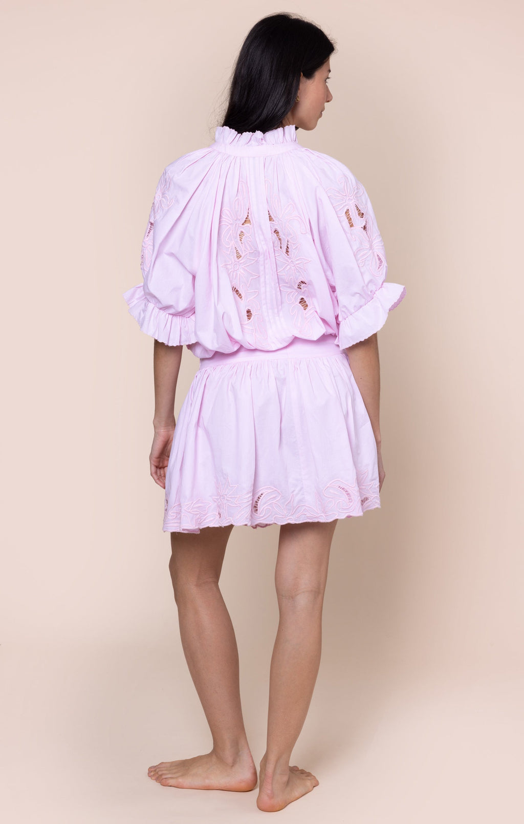 Petal Pink Blouson Dress with Cut Out Embroidery