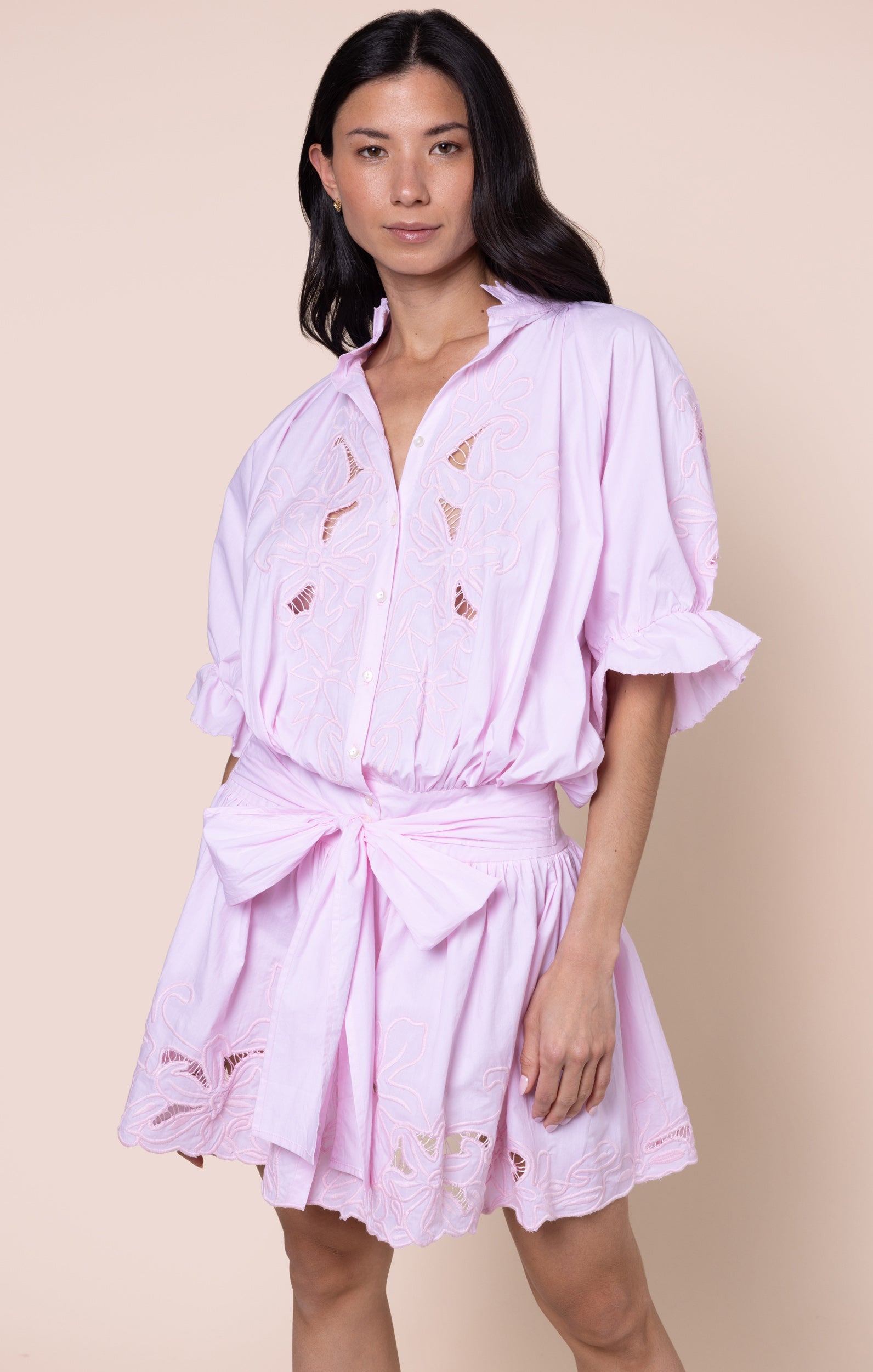 Petal Pink Blouson Dress with Cut Out Embroidery