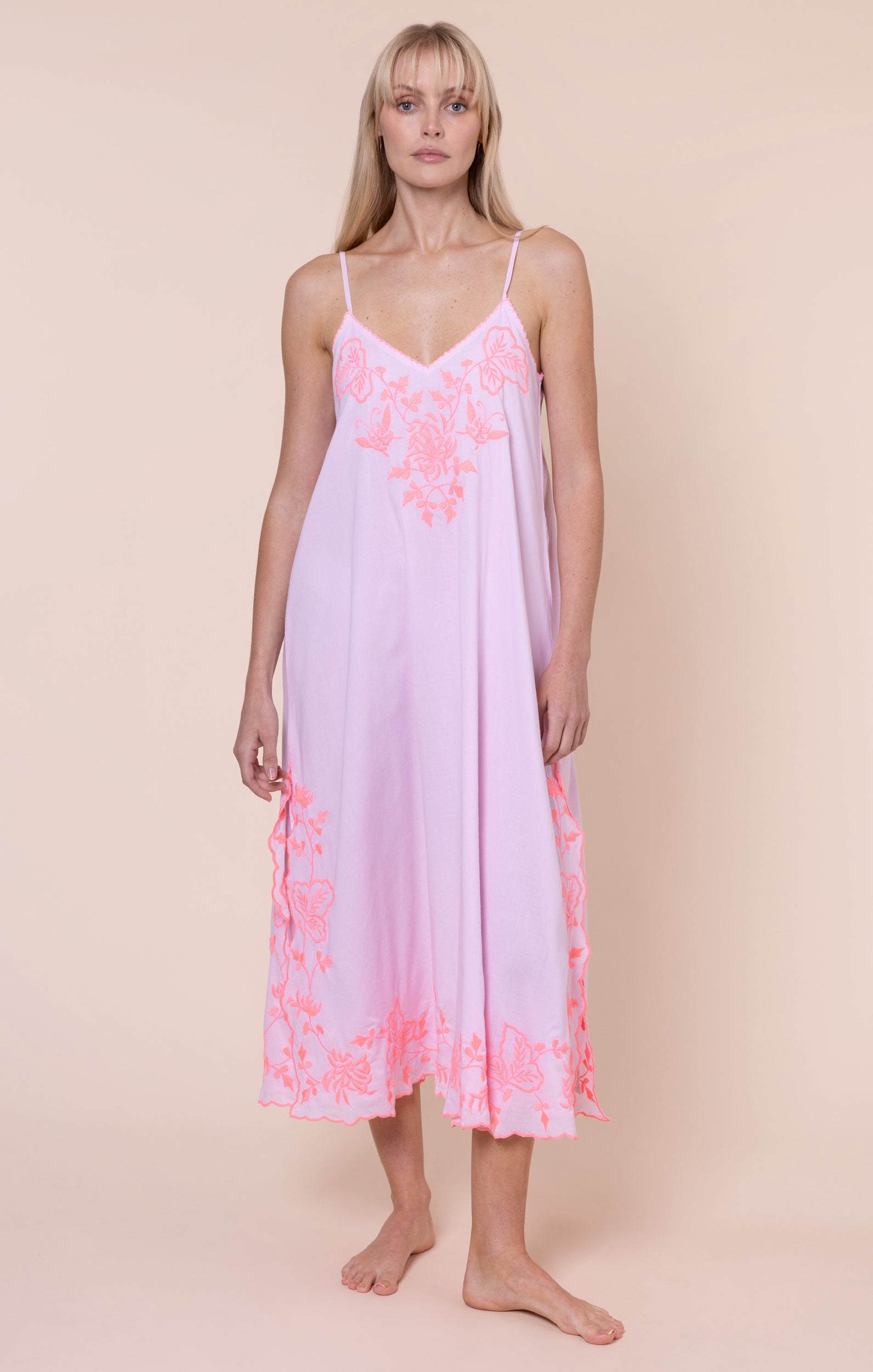 Petal Pink Slip Dress with Butterfly Embroidery
