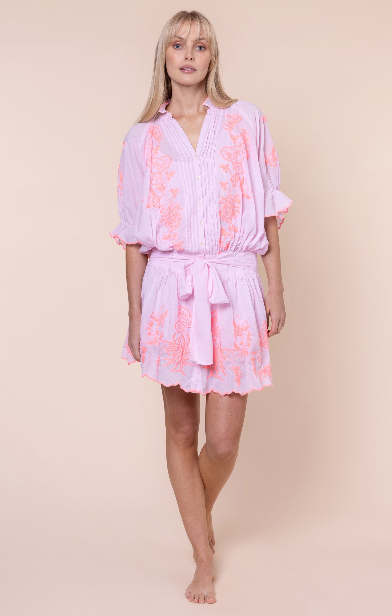Petal Pink Blouson Dress with Butterfly Embroidery