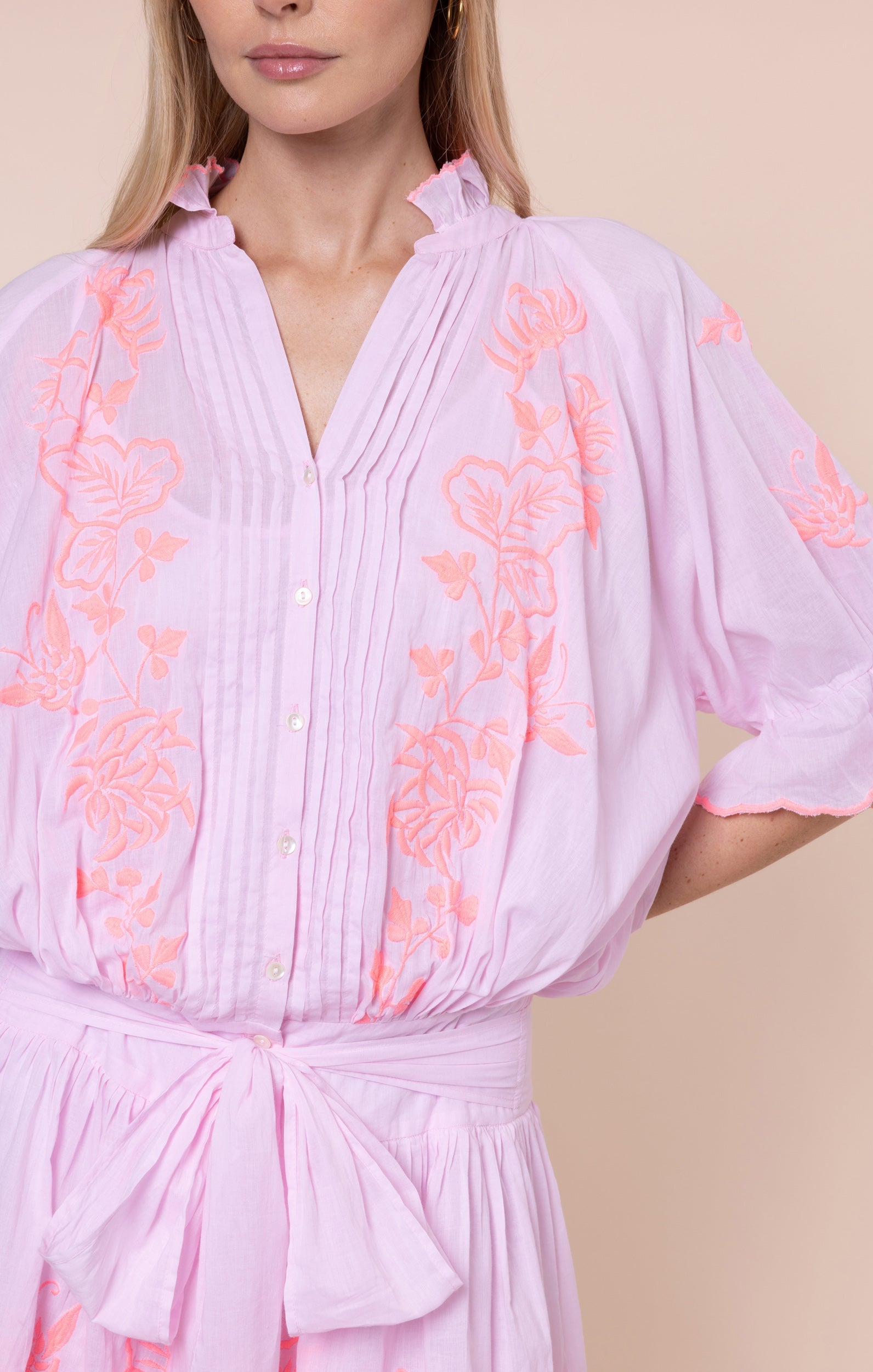 Petal Pink Blouson Dress with Butterfly Embroidery