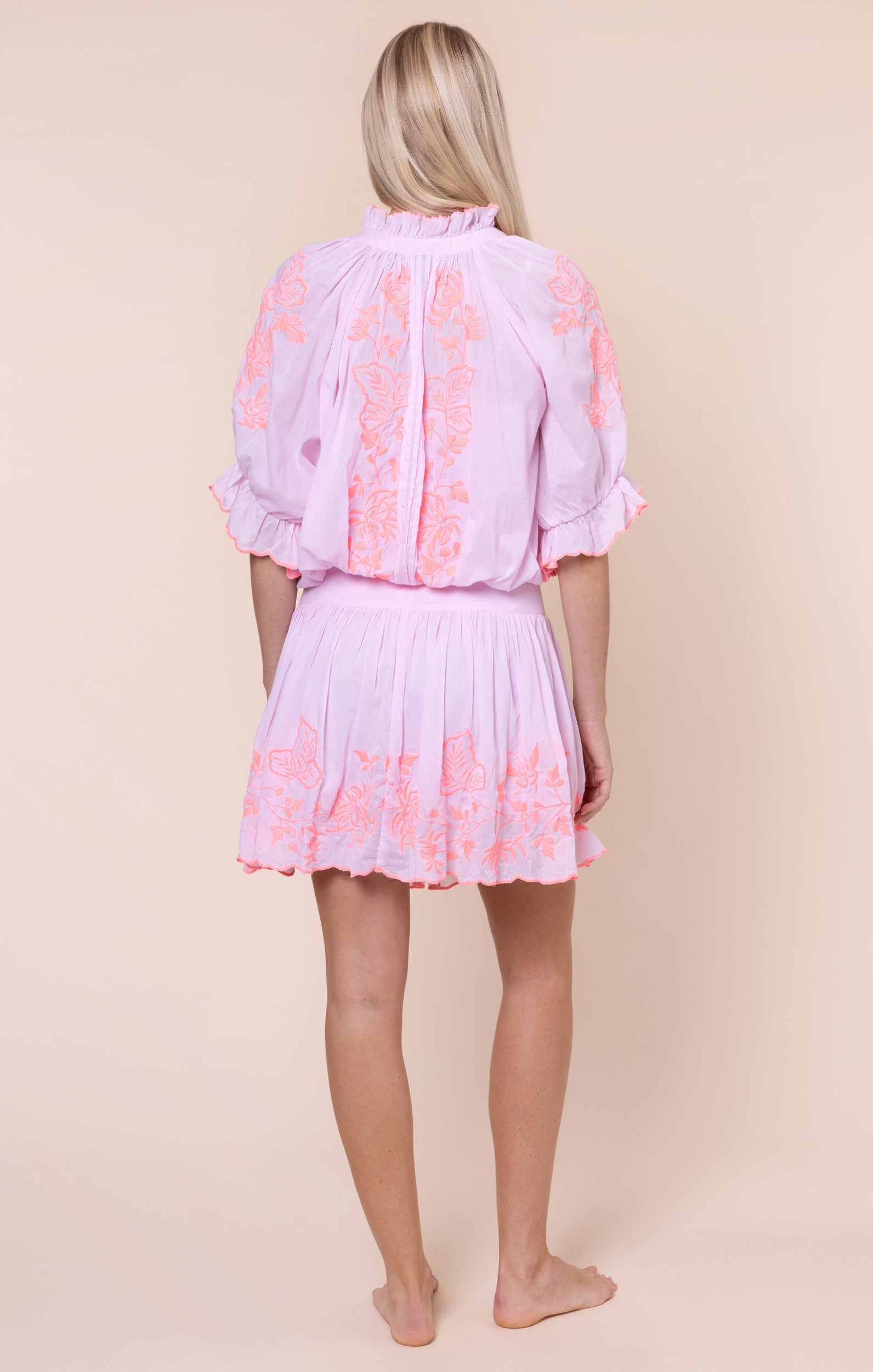 Petal Pink Blouson Dress with Butterfly Embroidery