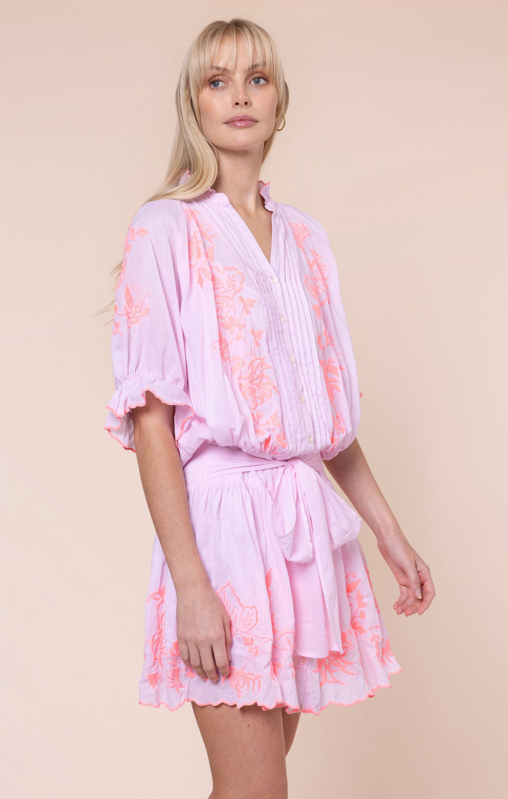 Petal Pink Blouson Dress with Butterfly Embroidery
