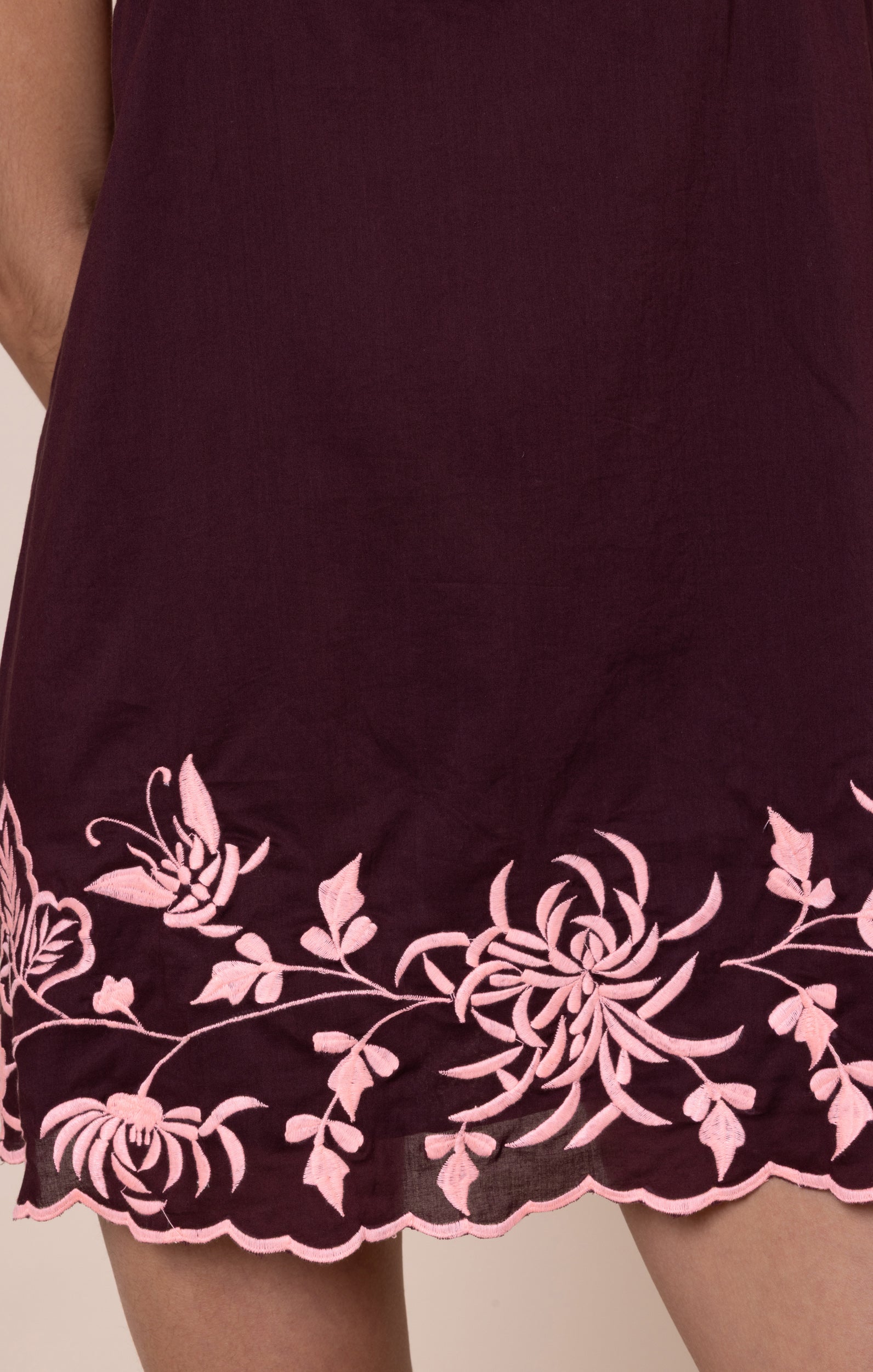 Black Cherry Mini Dress with Back Ties and Butterfly Embroidery