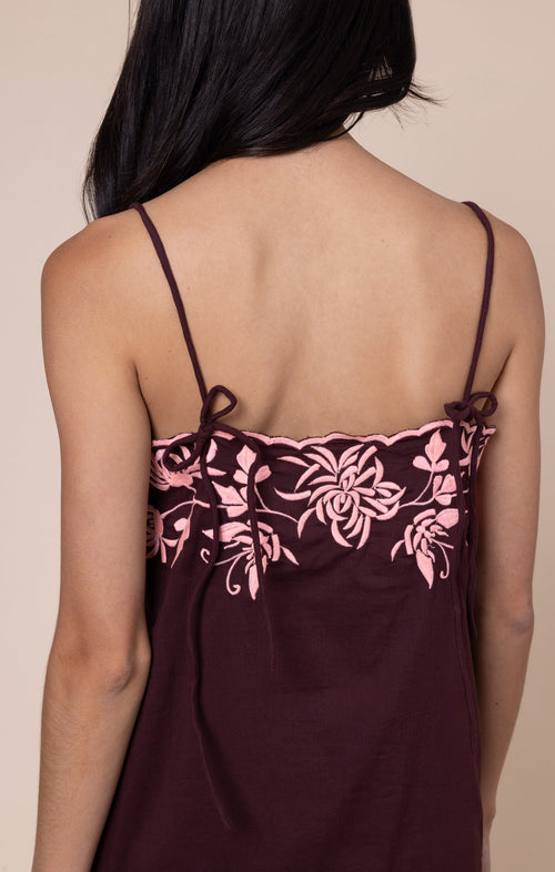 Black Cherry Mini Dress with Back Ties and Butterfly Embroidery