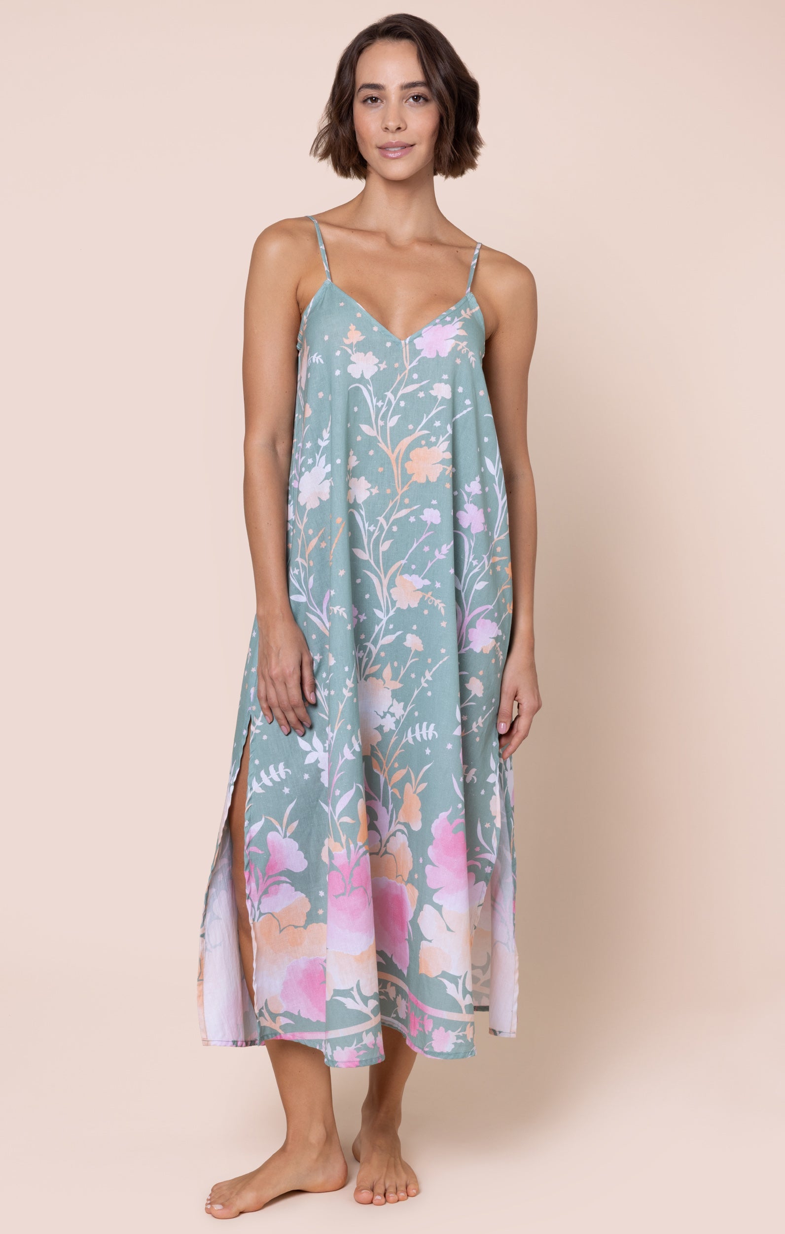Cactus Green Slip Dress in Oversized Floral Print