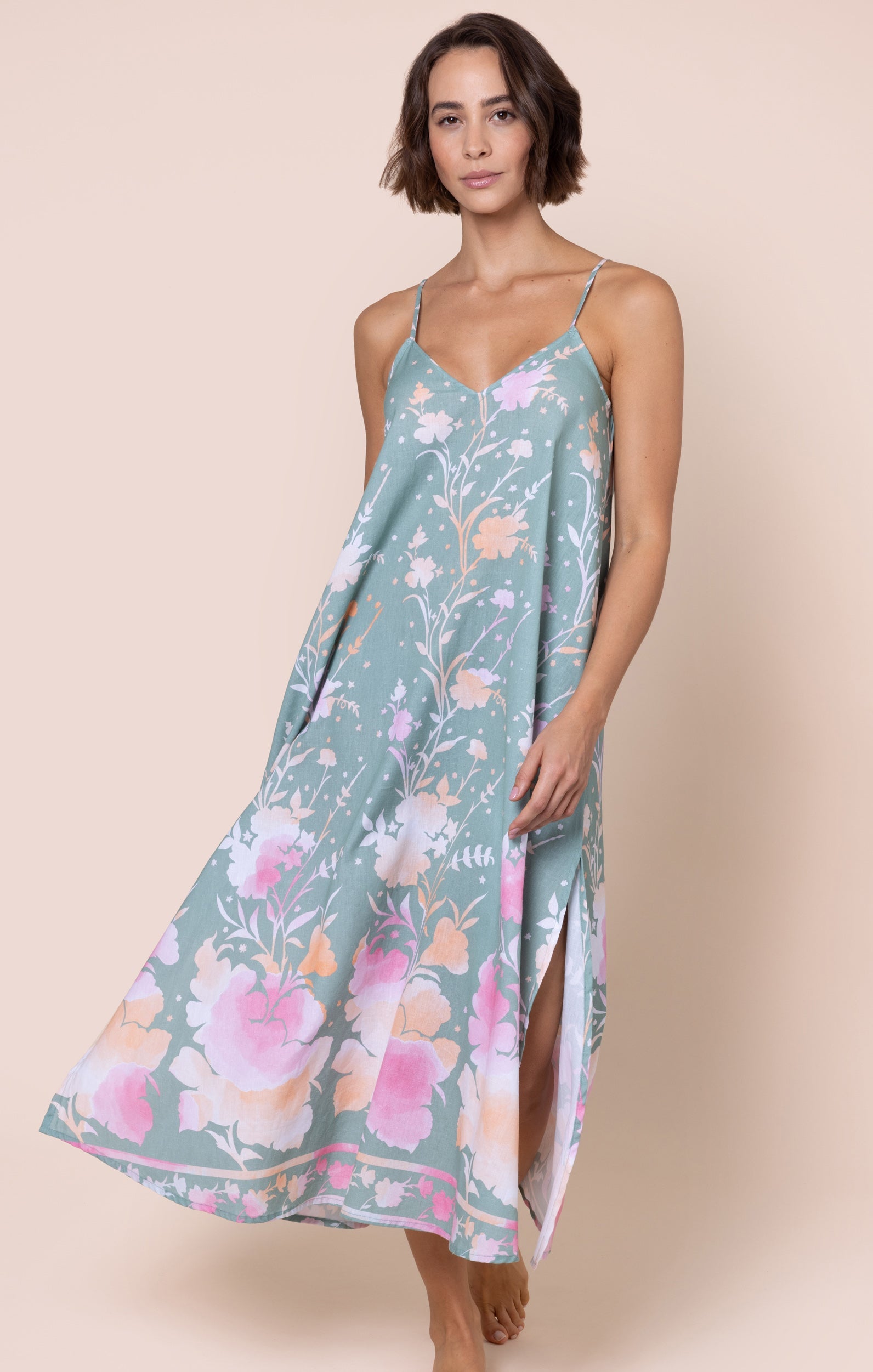 Cactus Green Slip Dress in Oversized Floral Print
