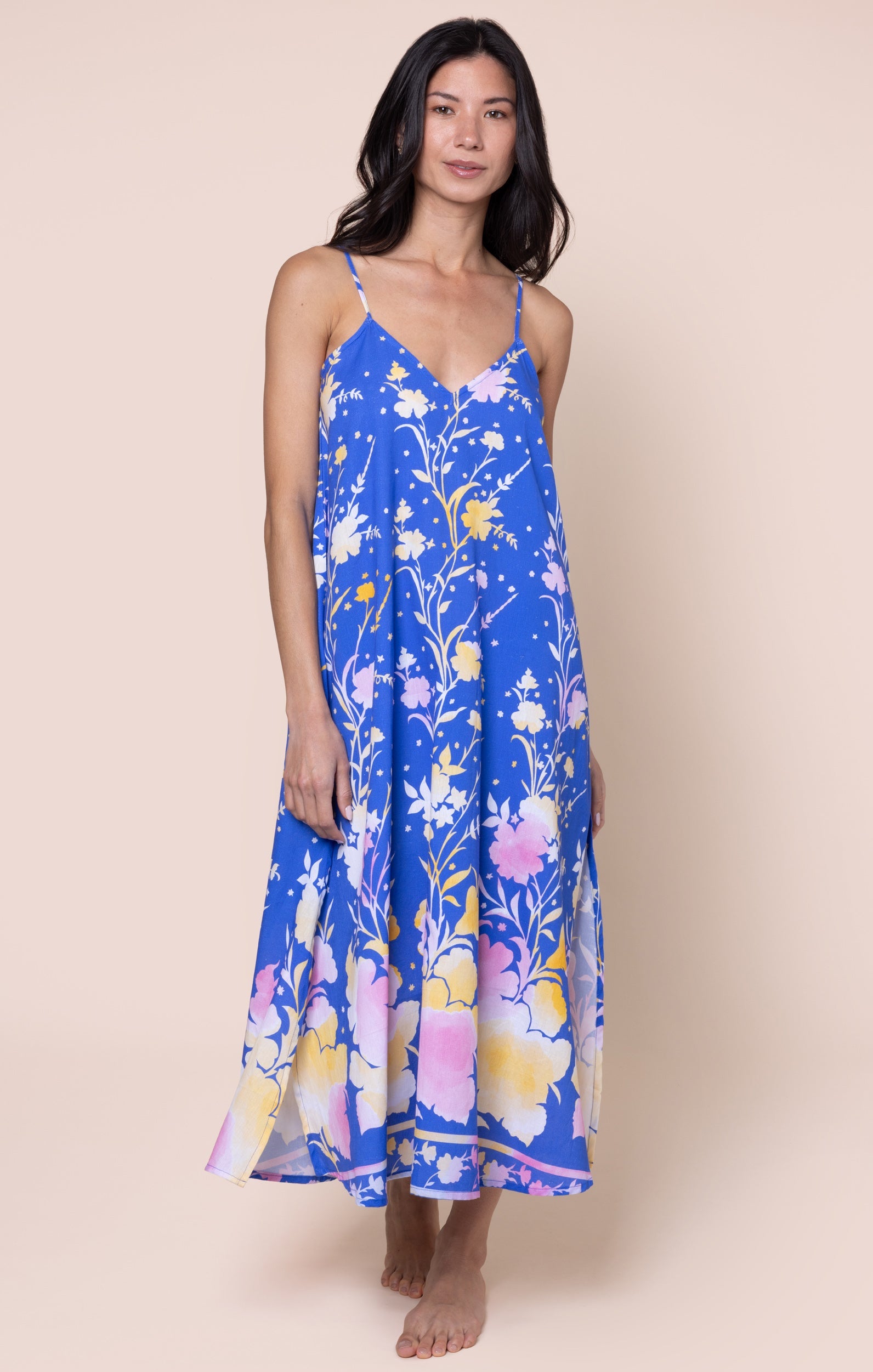 Electric Blue Slip Dress in Oversized Floral Print