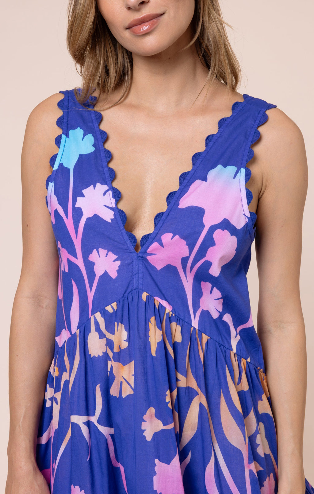 Blue V Back Mini Dress with Majorelle Tie Dye Print