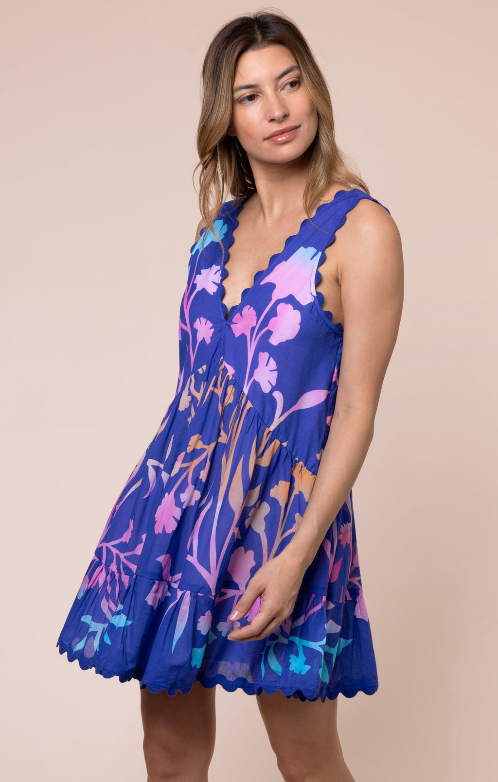Blue V Back Mini Dress with Majorelle Tie Dye Print