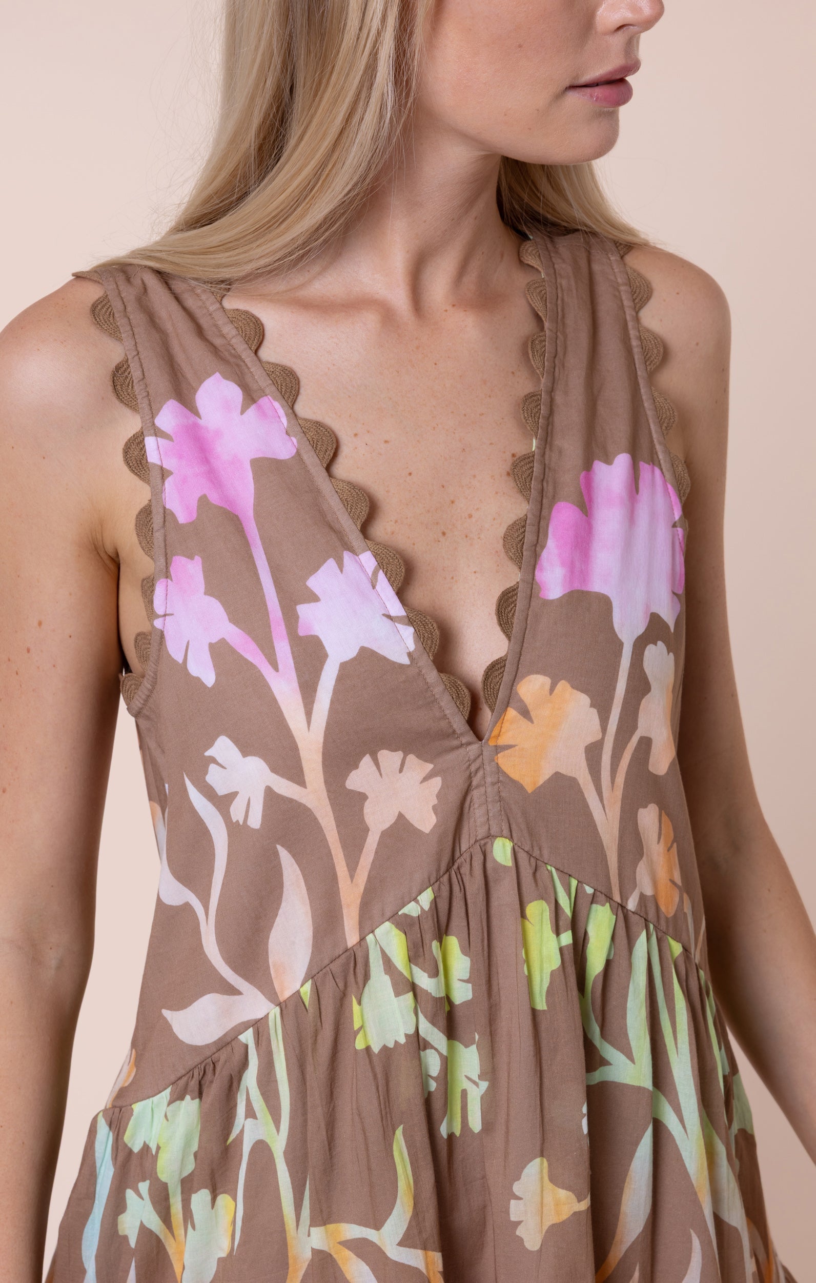 Brown V Back Mini Dress with Majorelle Tie Dye Print