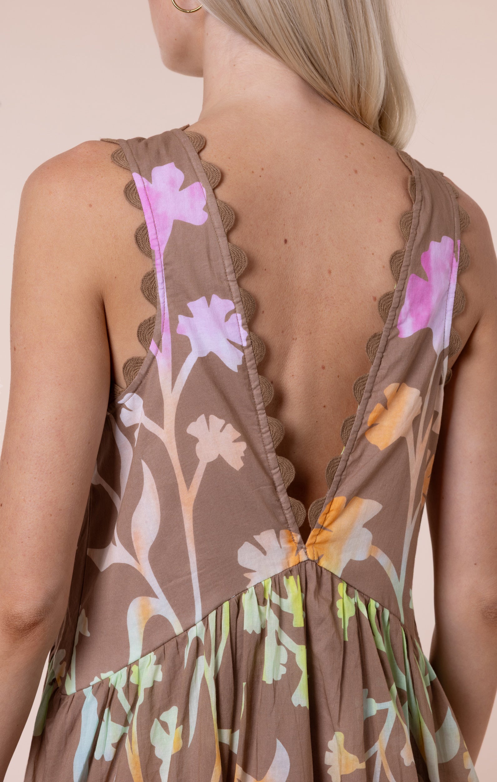 Brown V Back Mini Dress with Majorelle Tie Dye Print