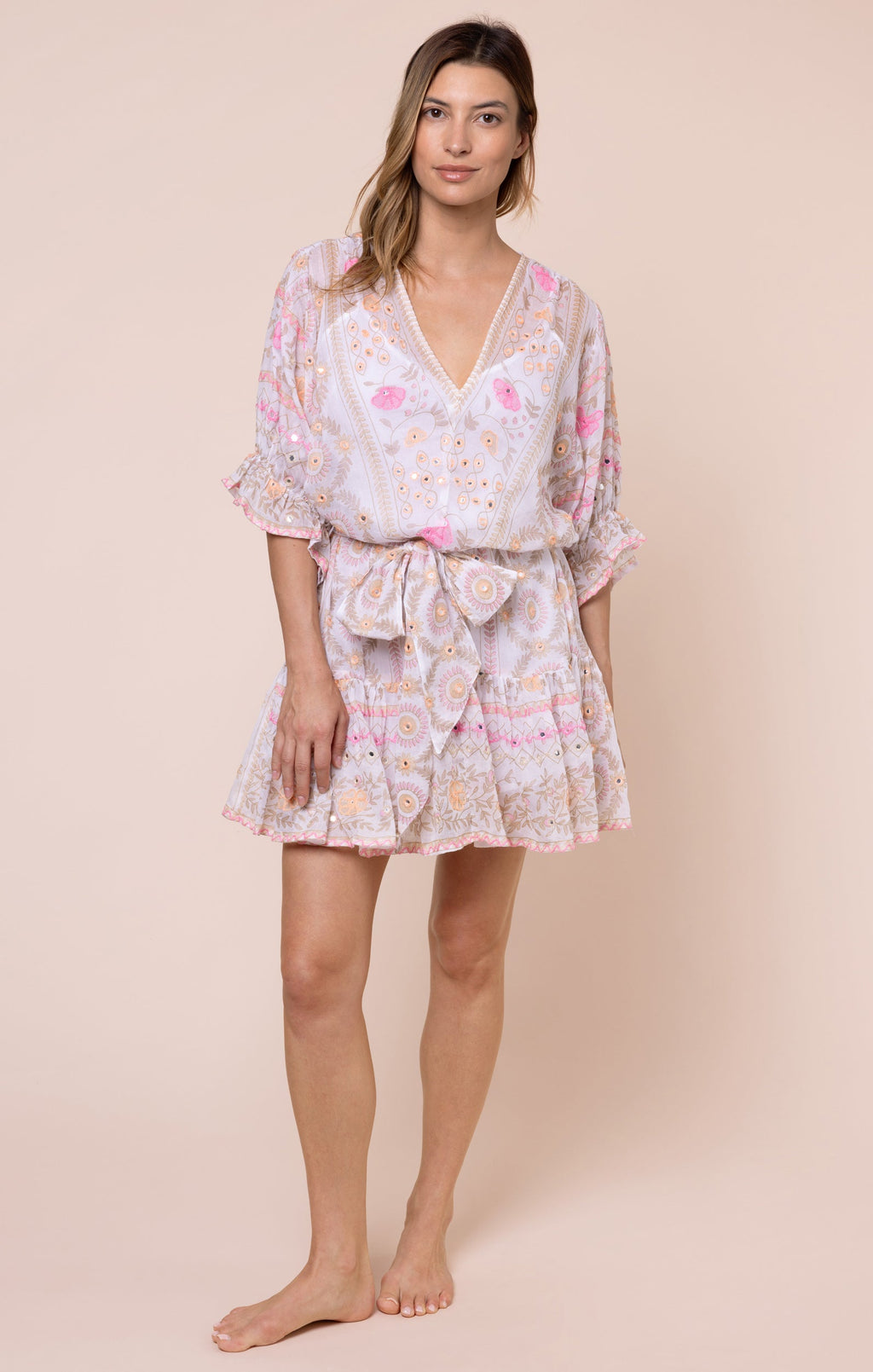 White & Pink Mexican Print Tie Waist Mini Dress with Mirrors