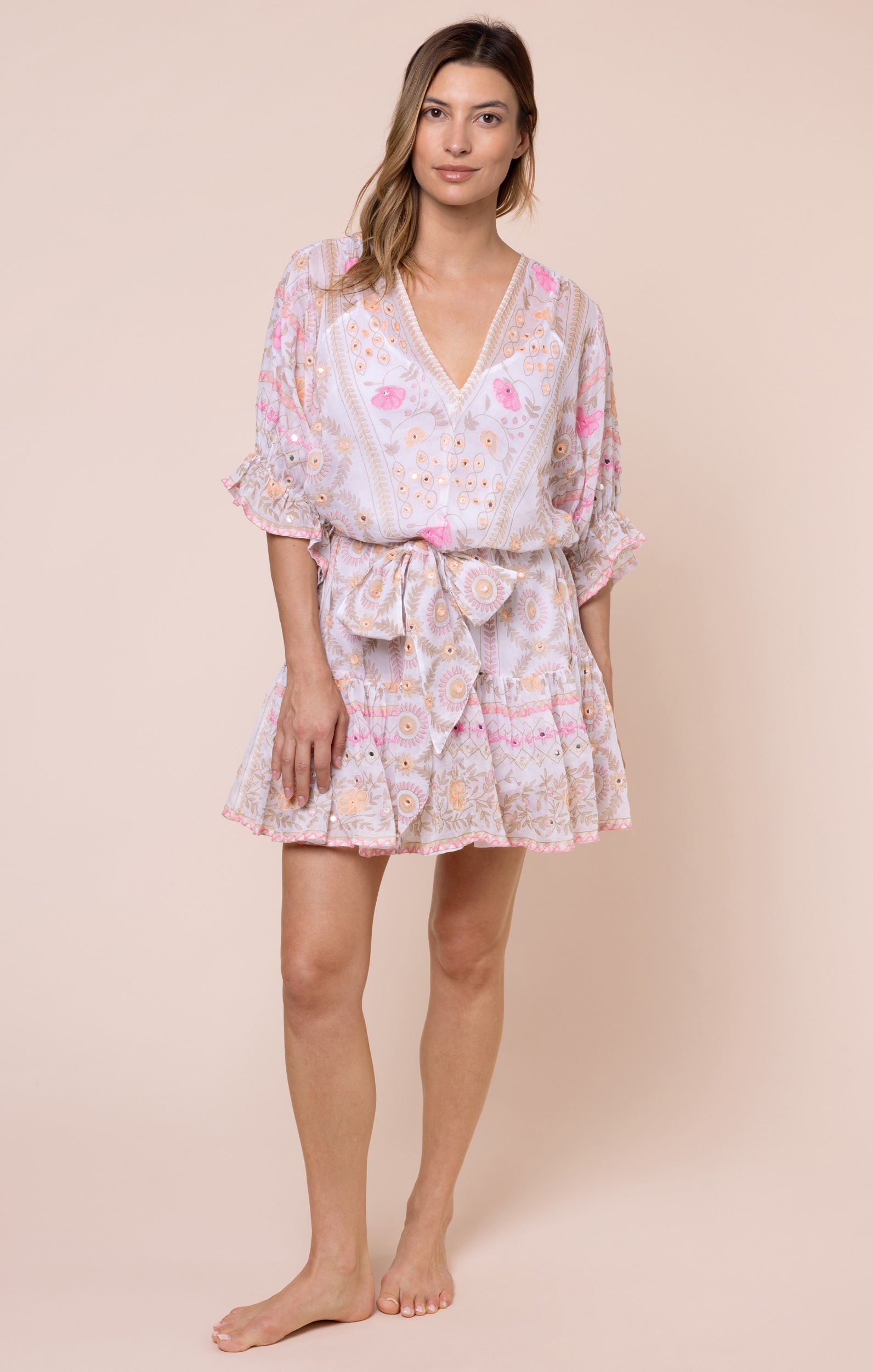 White & Pink Mexican Print Tie Waist Mini Dress with Mirrors