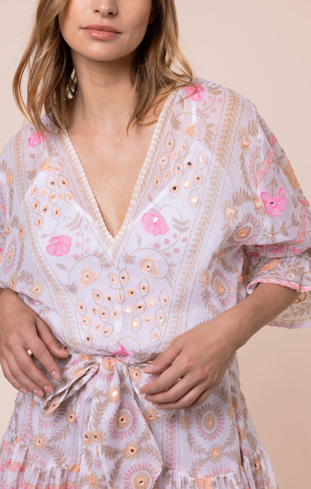 White & Pink Mexican Print Tie Waist Mini Dress with Mirrors
