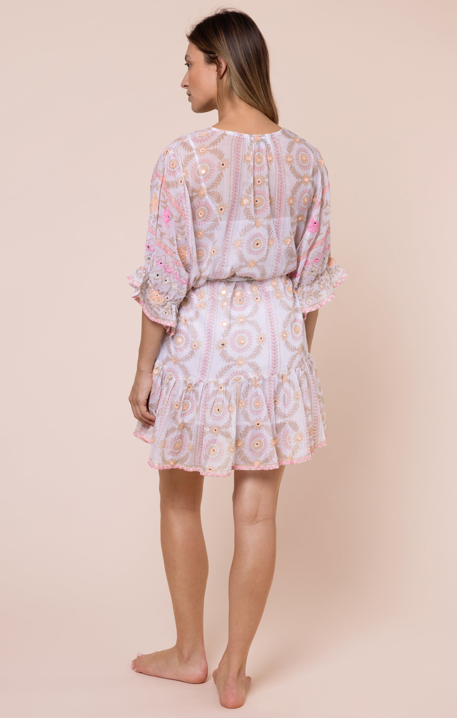 White & Pink Mexican Print Tie Waist Mini Dress with Mirrors
