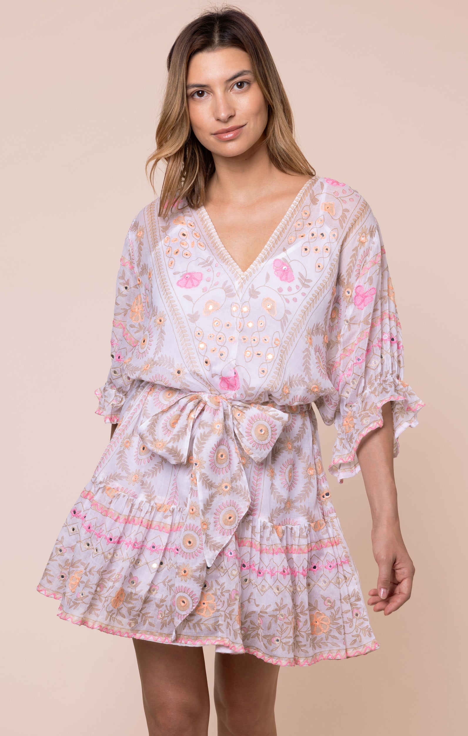 White & Pink Mexican Print Tie Waist Mini Dress with Mirrors
