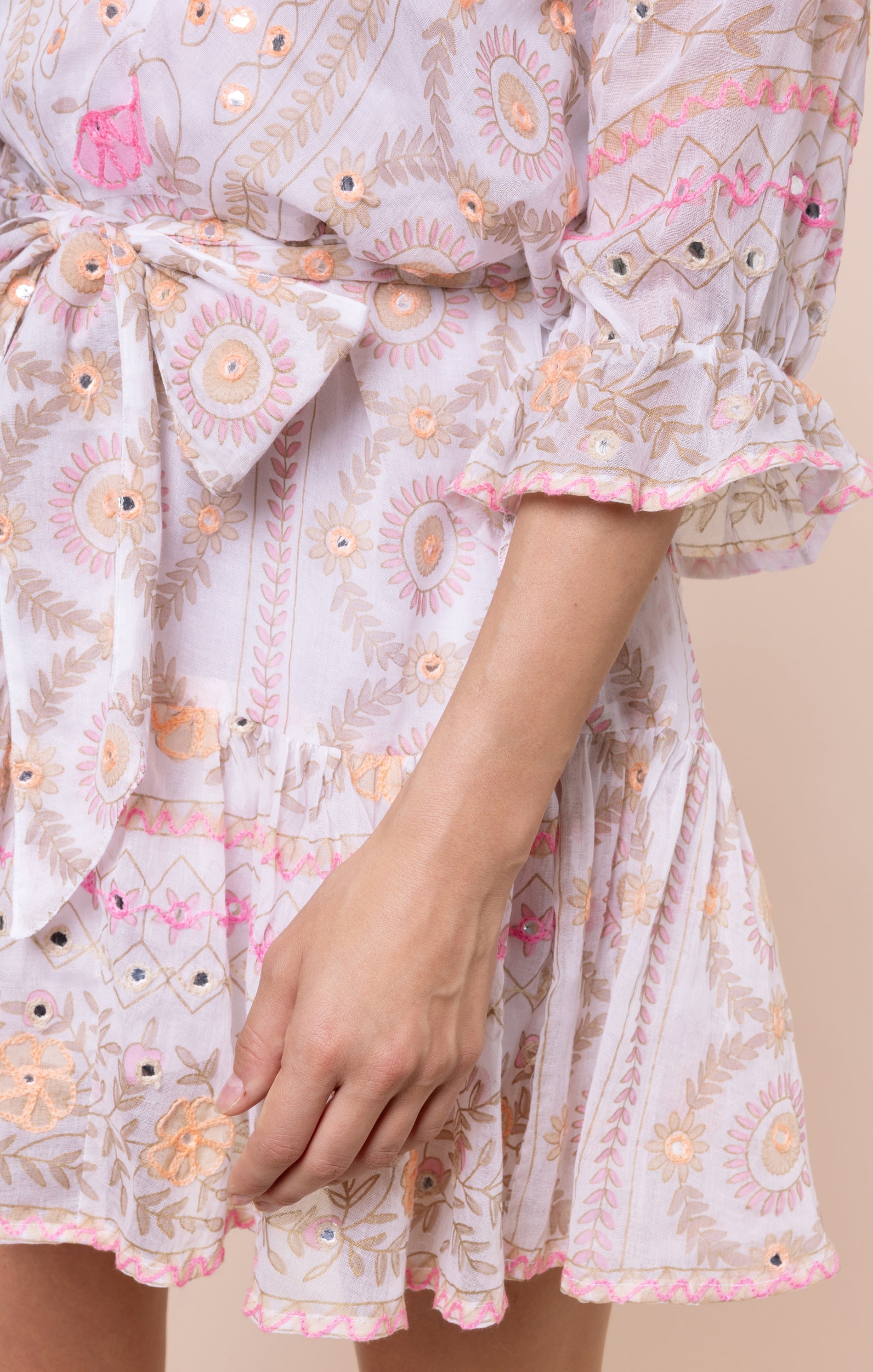 White & Pink Mexican Print Tie Waist Mini Dress with Mirrors