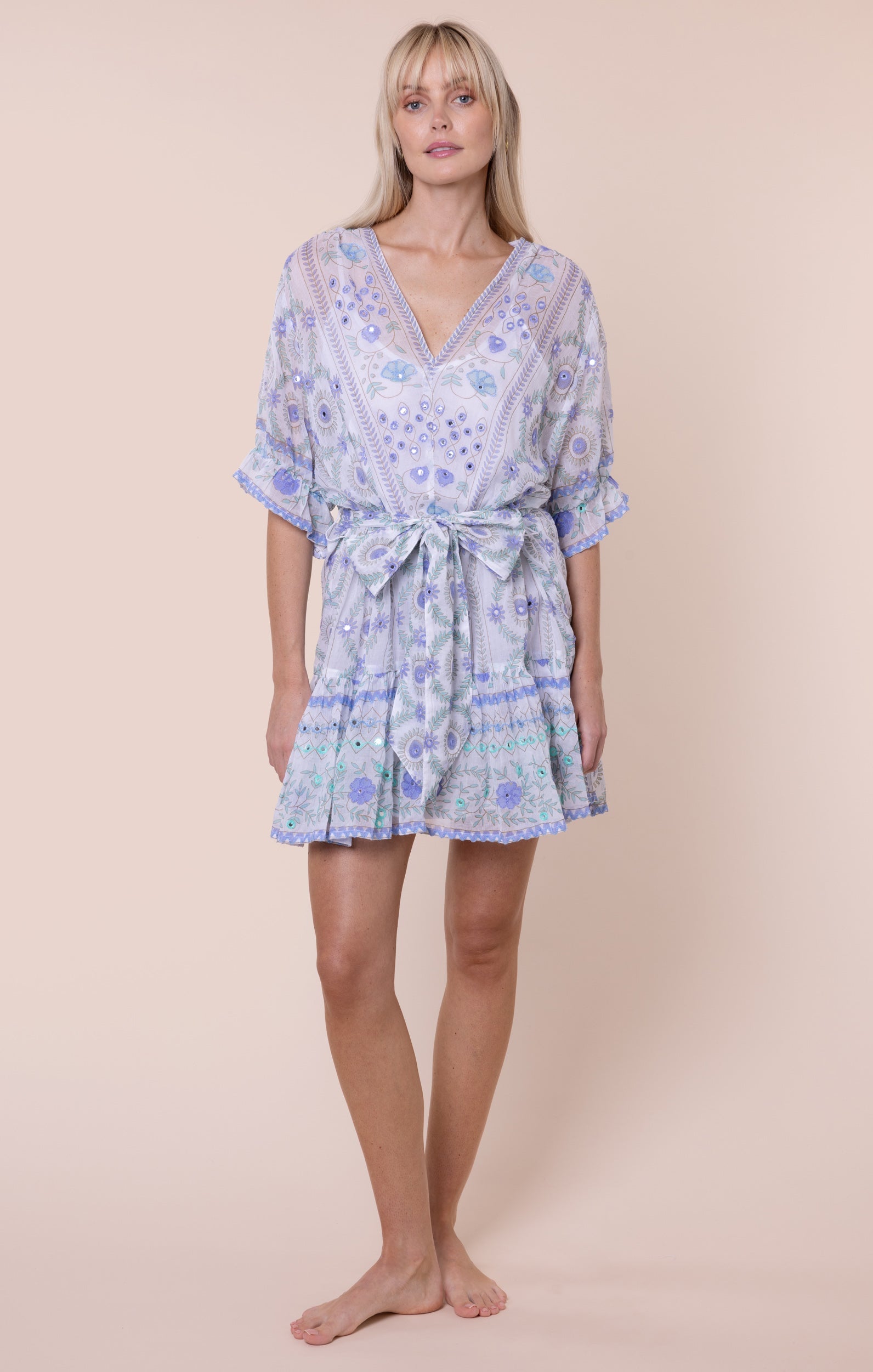 White & Blue Mexican Print Tie Waist Mini Dress with Mirrors