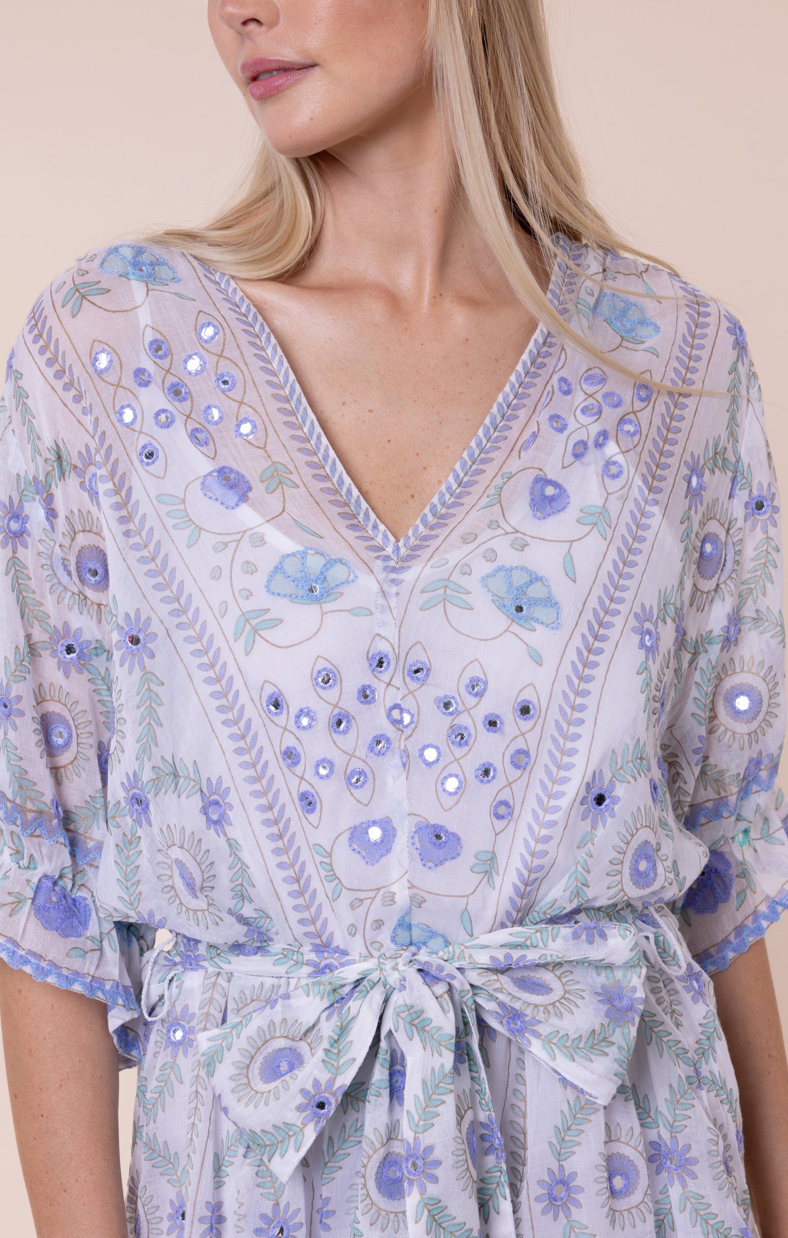 White & Blue Mexican Print Tie Waist Mini Dress with Mirrors