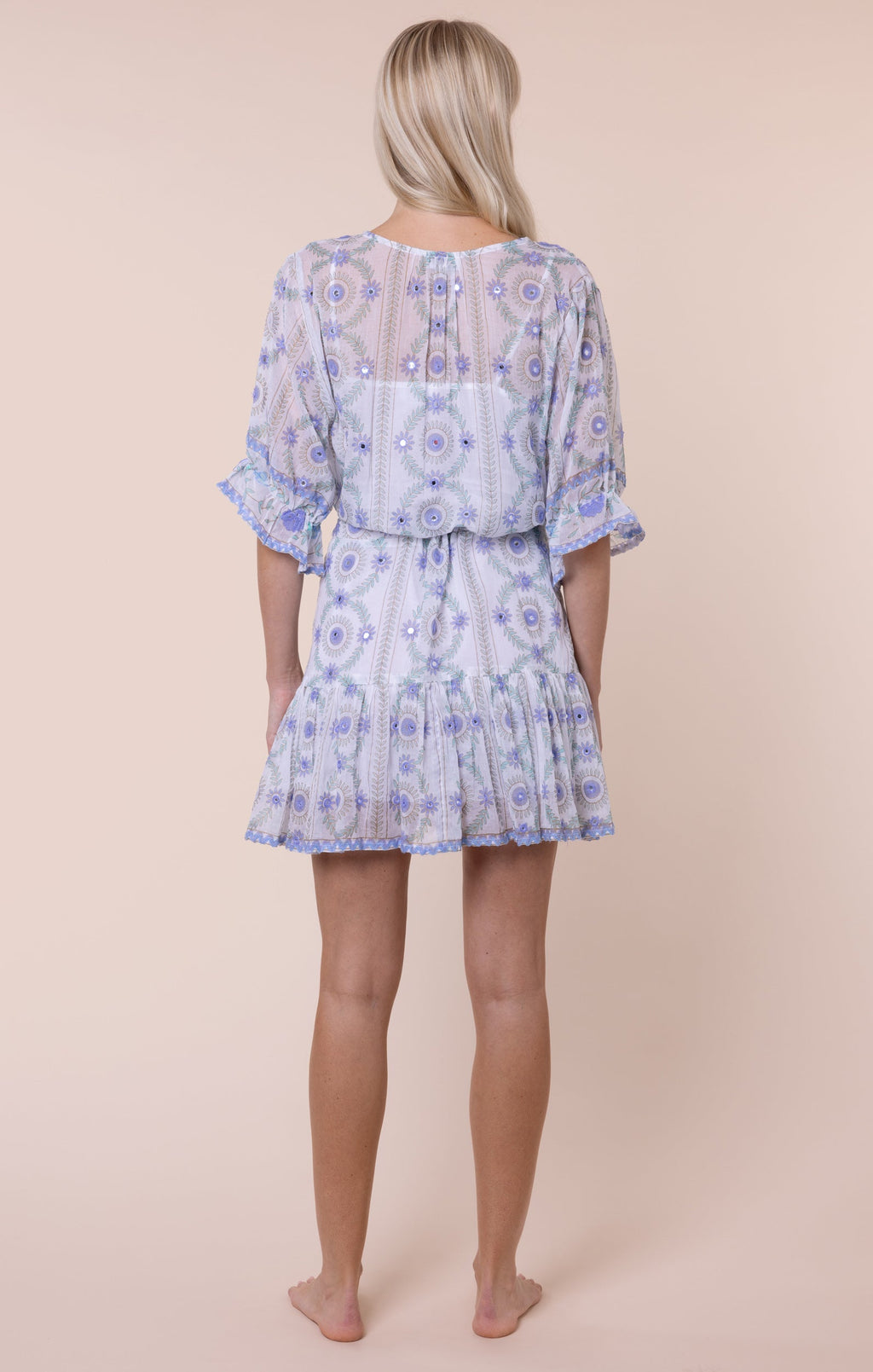 White & Blue Mexican Print Tie Waist Mini Dress with Mirrors