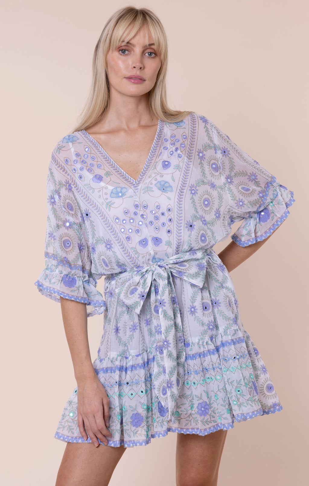 White & Blue Mexican Print Tie Waist Mini Dress with Mirrors