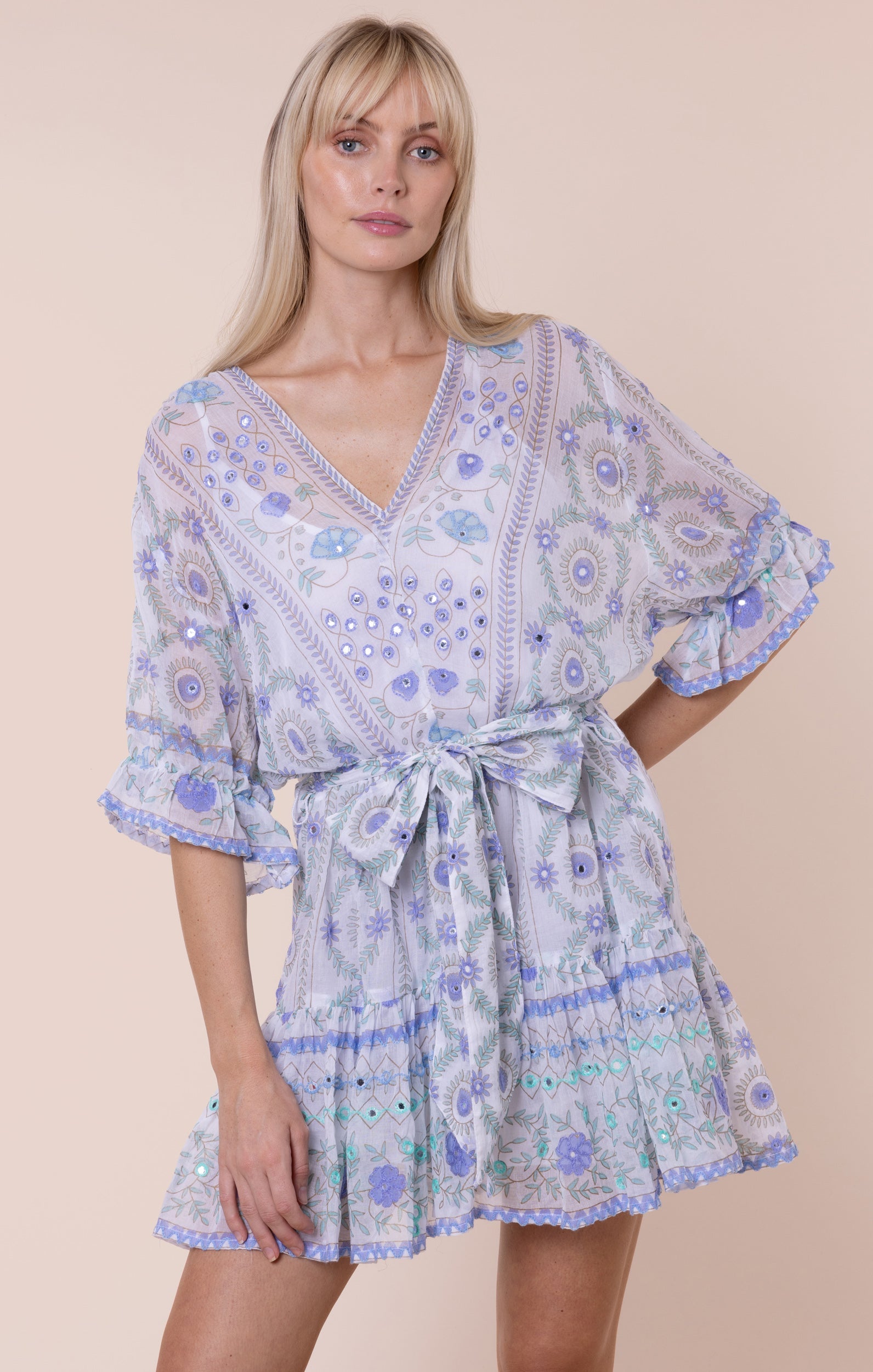 White & Blue Mexican Print Tie Waist Mini Dress with Mirrors